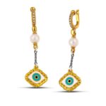 Ασημένια Δίχρωμα Σκουλαρίκια Κρεμαστά Dimitrios-Exclusive, Μάτι Με Σμάλτο, Μαργαριτάρι Και Λευκά Ζιργκόν κωδ.S197-1 - Image 2