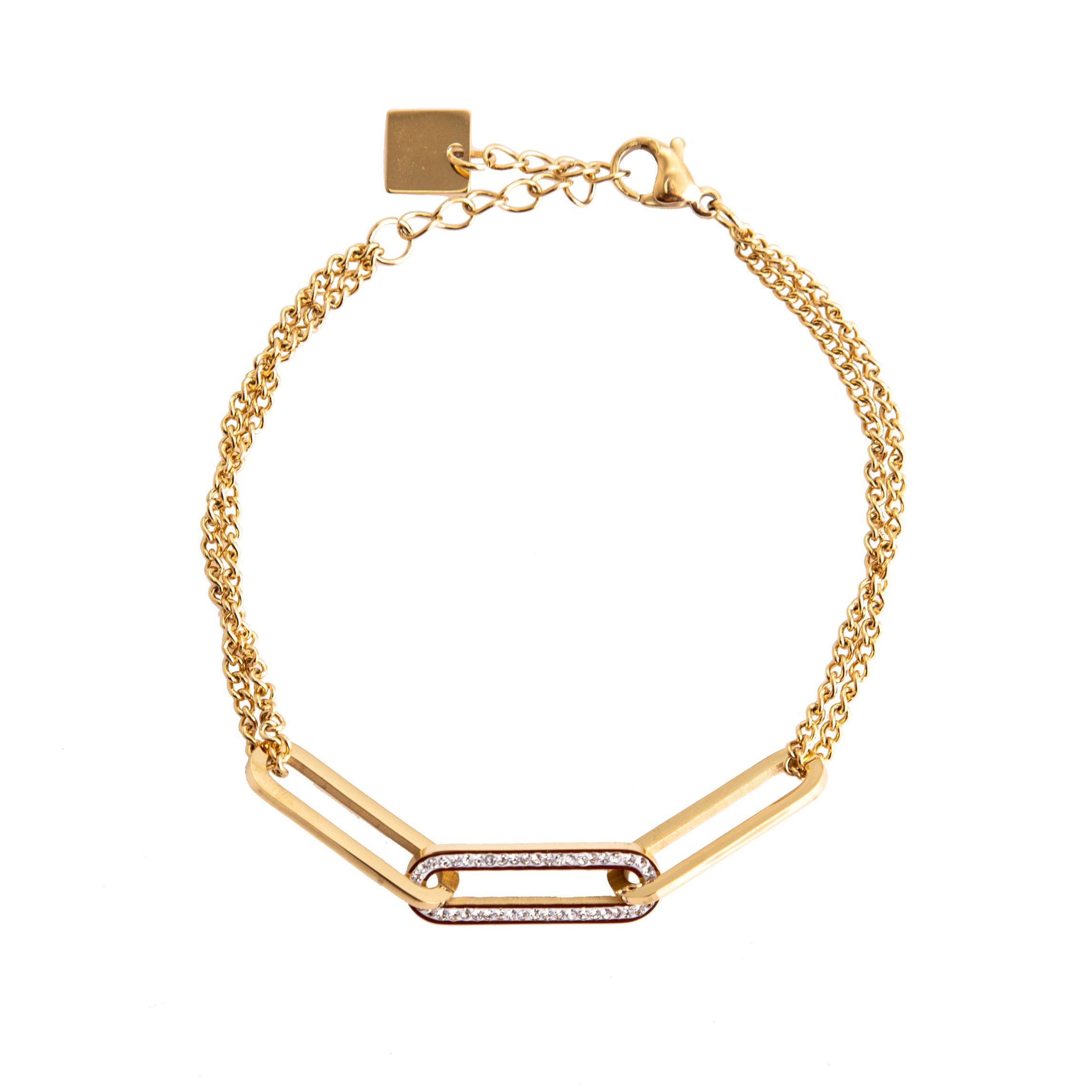 Ατσάλινο Επιχρυσωμένο Γυναικείο Βραχιόλι Με Διπλή Αλυσίδα Με Λευκά Ζιργκόν κωδ.103127