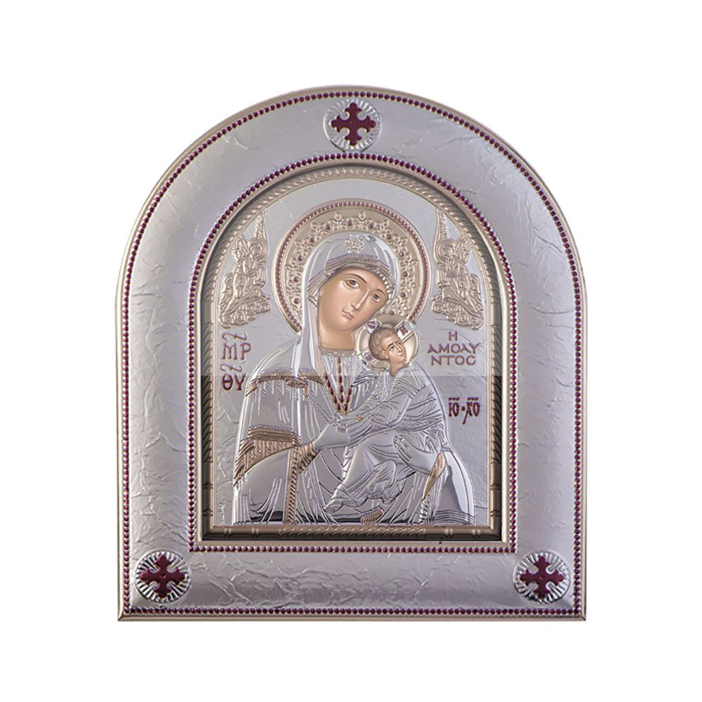 Ασημένια Εικονίτσα Παναγία Αμόλυντος, Με Μοντέρνο Στεφάνι Και Τζάμι κωδ.00202OBR1FWNS