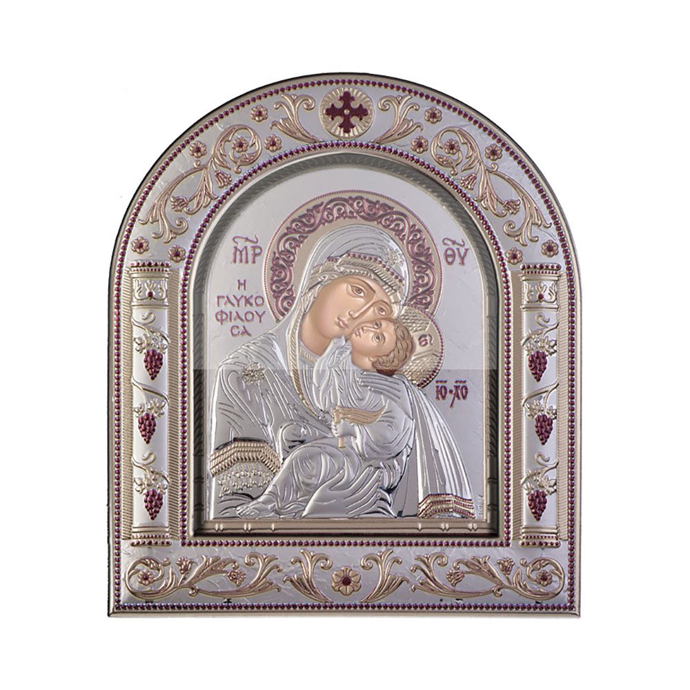 Ασημένια Εικονίτσα Παναγία Γλυκοφιλούσα, Με Μοντέρνο Στεφάνι Και Τζάμι κωδ.00206OW1FWNS
