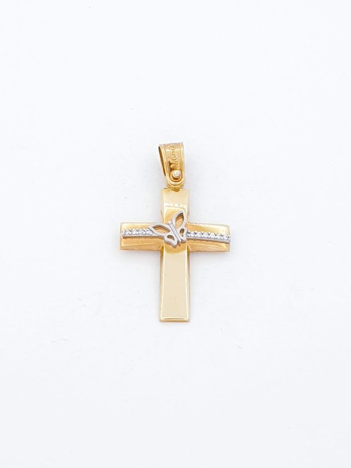 Χρυσός Γυναικείος Σταυρός Menekou Κ14 Δίχρωμος με Πεταλούδα και Άσπρα Ζιργκόν κωδ.ΝΚ024231