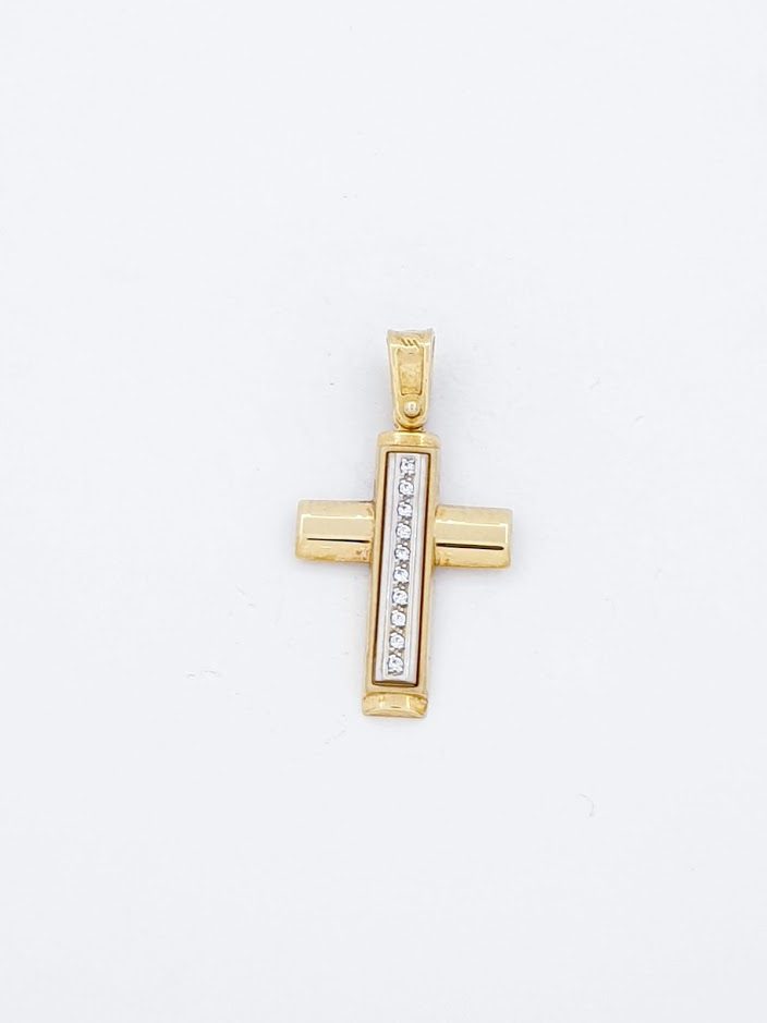 Χρυσός Γυναικείος Σταυρός Κ14 Δίχρωμος με Άσπρα Ζιργκόν κωδ.κα018382