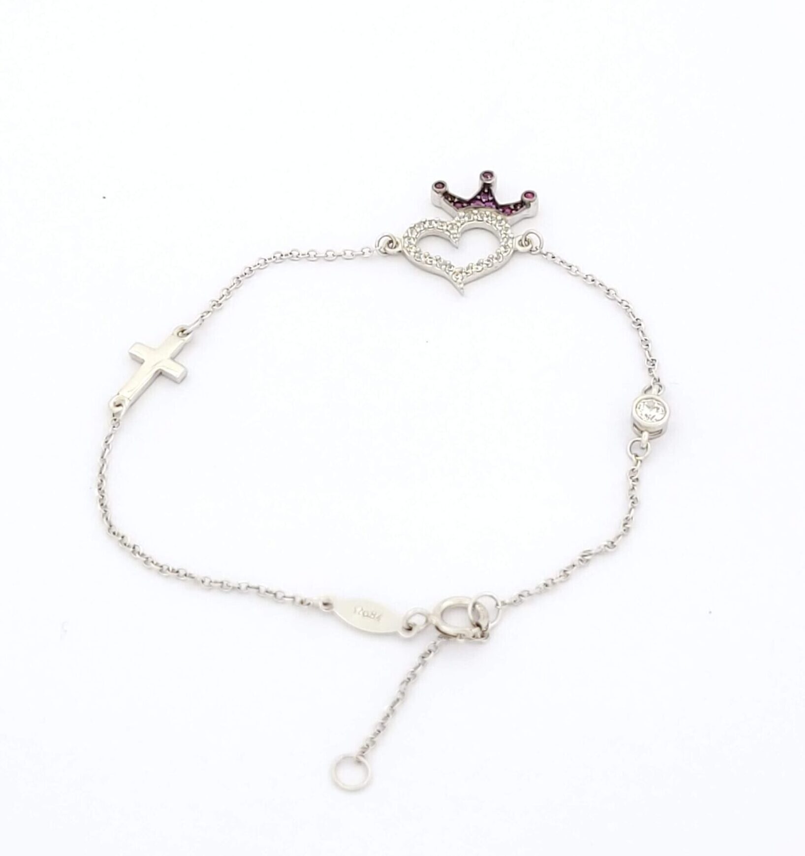 Λευκόχρυσο Γυναικείο Βραχιόλι Κ9 με Καρδιά, Κορώνα, Σταυρό Και Μωβ Ζιργκόν κωδ.101688