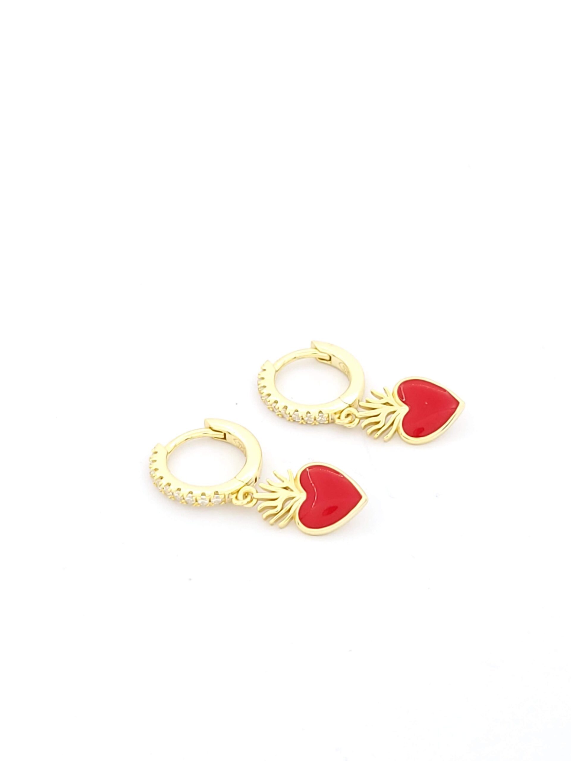 Ασημένια Επιχρυσωμένα Γυναικεία Σκουλαρίκια Κρεμαστά Της Silver Union, Με Καρδιά, Κόκκινο Σμάλτο Και Ζιργκόν κωδ.04-05-3103