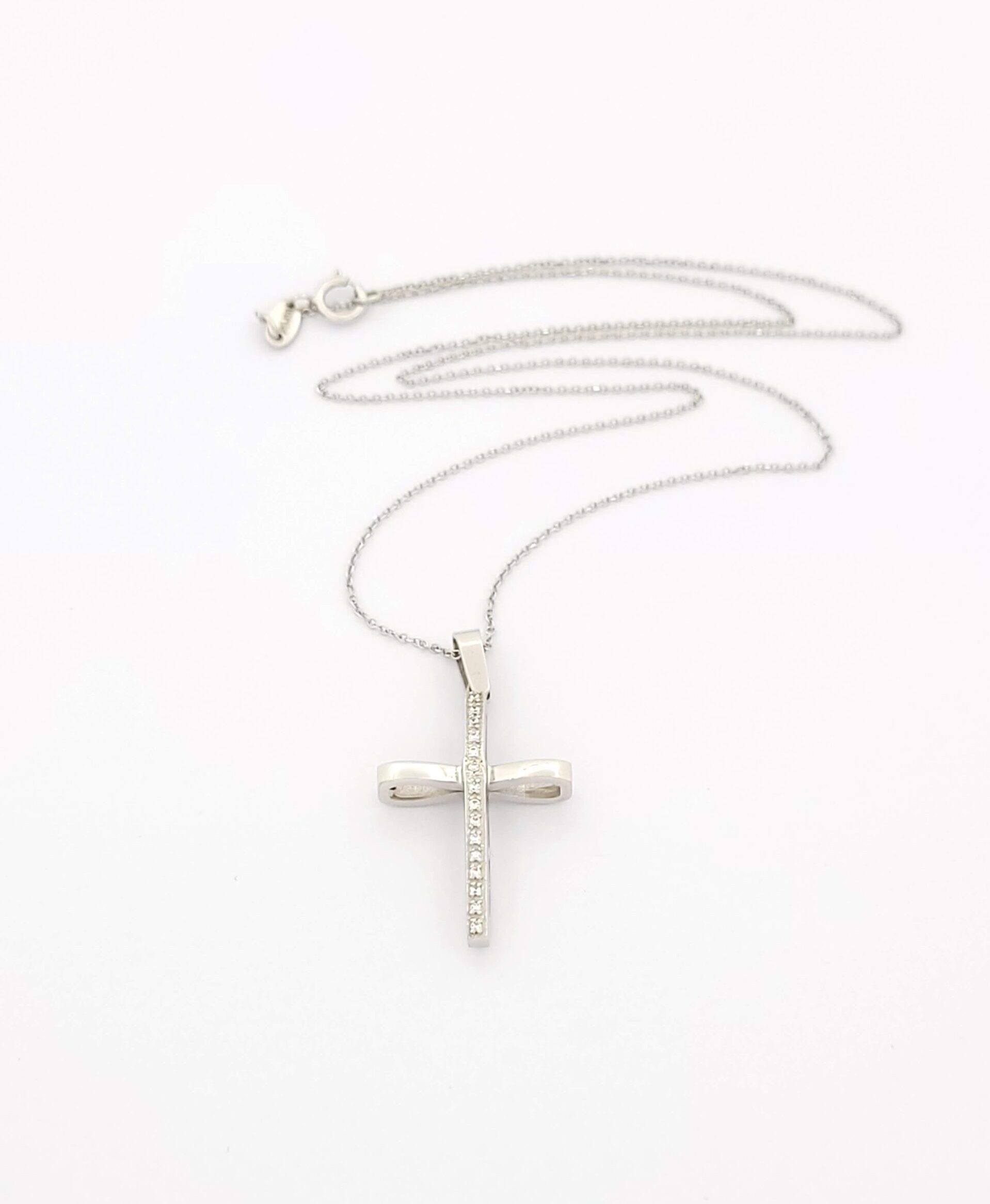 Λευκόχρυσος Γυναικείος Σταυρός Menekou K14,Με Ζιργκόν και Λευκόχρυση Αλυσίδα κωδ.102052