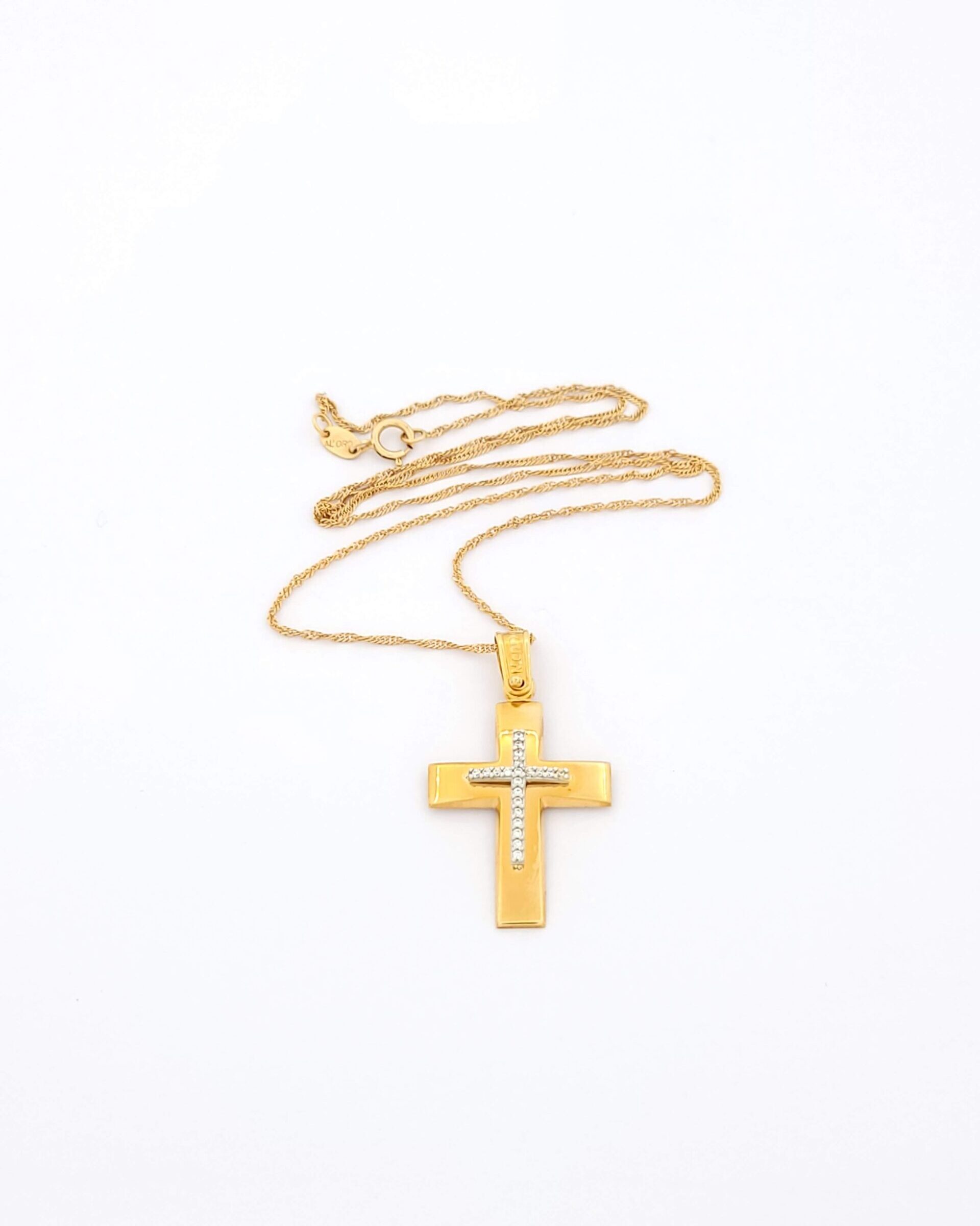 Ροζ Gold Γυναικείος Σταυρός Menekou K14,Με Ζιργκόν και Ροζ Gold Αλυσίδα κωδ.102055