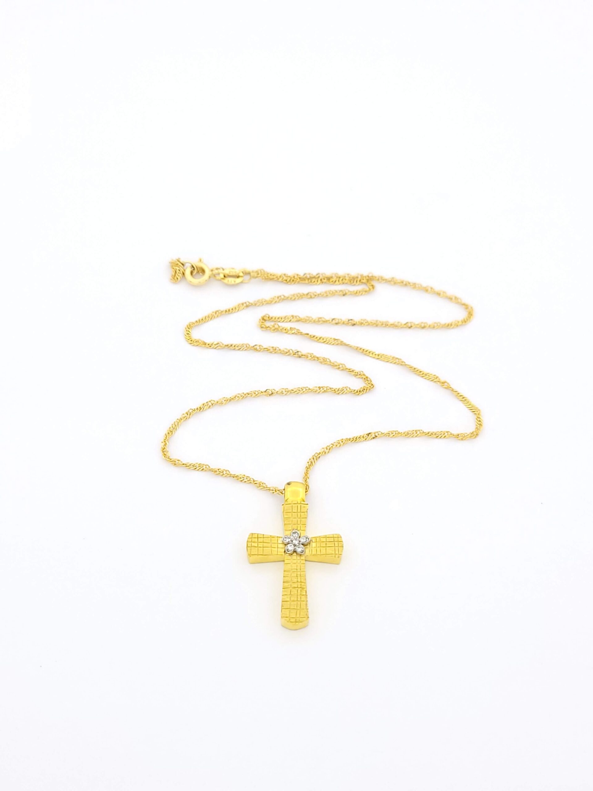 Χρυσός Χειροποίητος Γυναικείος Σταυρός K14,Με Λουλούδι και Ζιργκόν και Χρυσή Αλυσίδα κωδ.102056