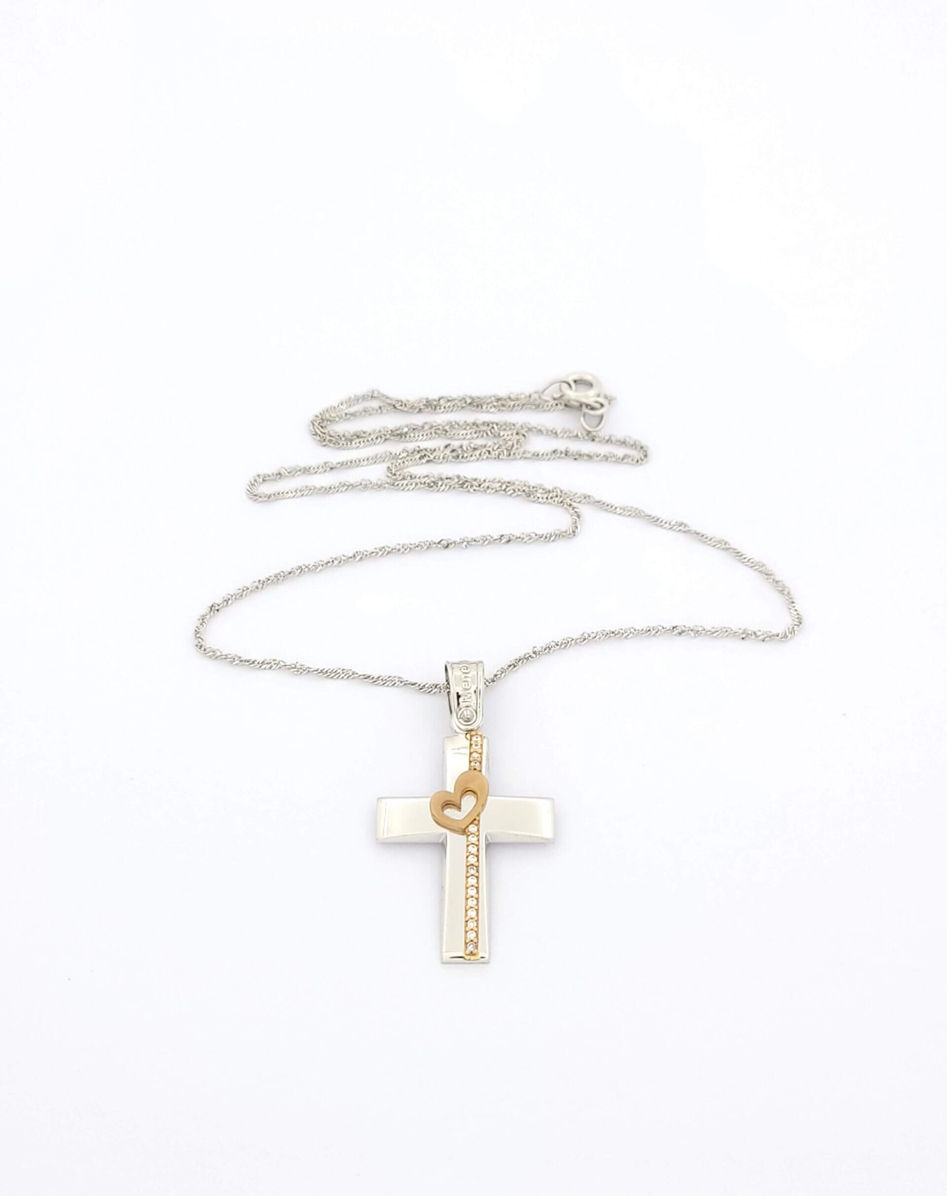 Δίχρωμος Σταυρός Menekou K14,Με Καρδιά,Ζιργκόν και Λευκόχρυση Αλυσίδα κωδ.102058