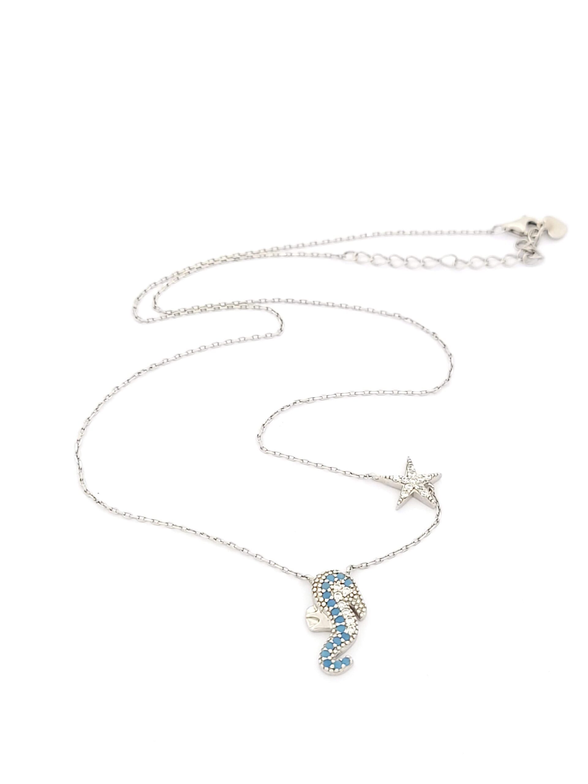 Ασημένιο Γυναικείο Κολιέ, Με Ιππόκαμπο, Αστερία Και Λευκά, Γαλάζια Ζιργκόν κωδ.102185