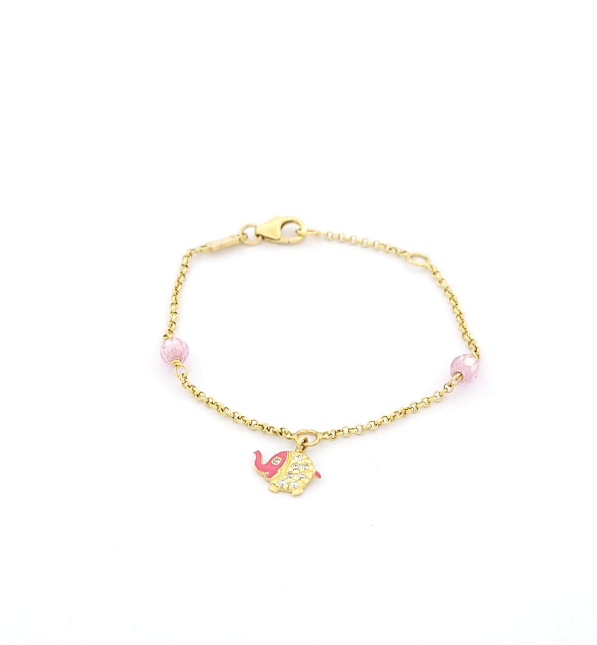 Χρυσό Παιδικό Βραχιόλι Κ14,Με Ελεφαντάκι Με Σμάλτο και Ζιργκόν και Ροζ Στοιχεία κωδ.102401