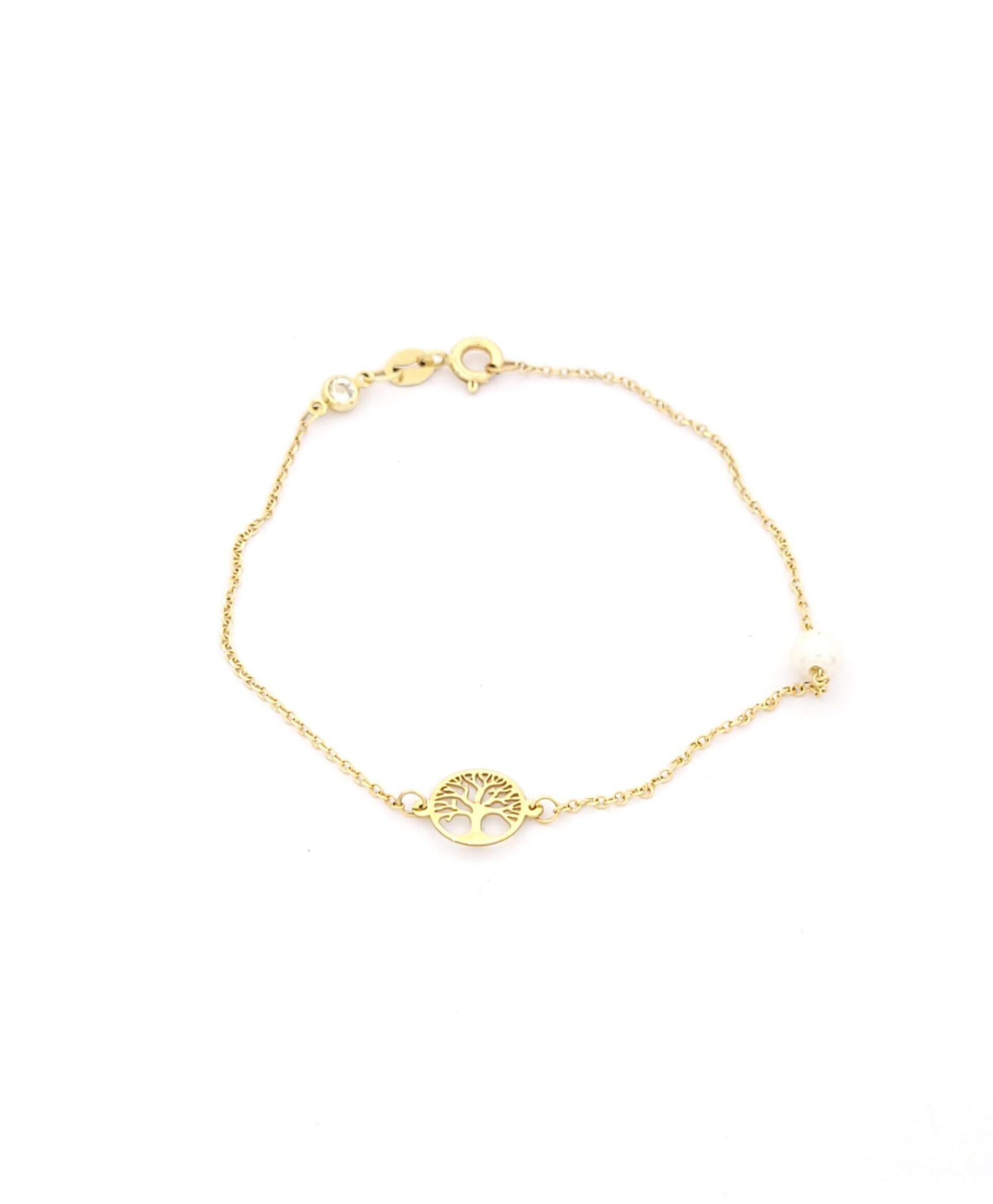 Χρυσό Γυναικείο Βραχιόλι Κ14 Filva,Με Δέντρο της Ζωής και Μαργαριταράκι και Ζιργκόν κωδ.102428