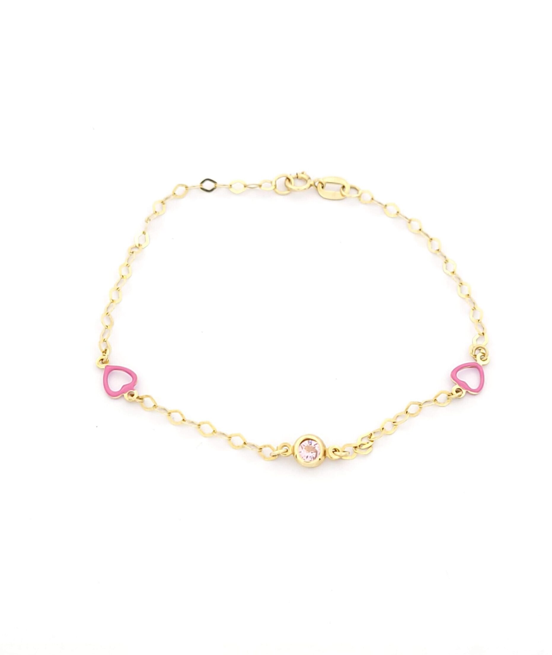 Χρυσό Παιδικό Βραχιόλι Κ14 Filva,Με Καρδούλες Με Ροζ Σμάλτο και Ροζ Ζιργκόν κωδ.102427
