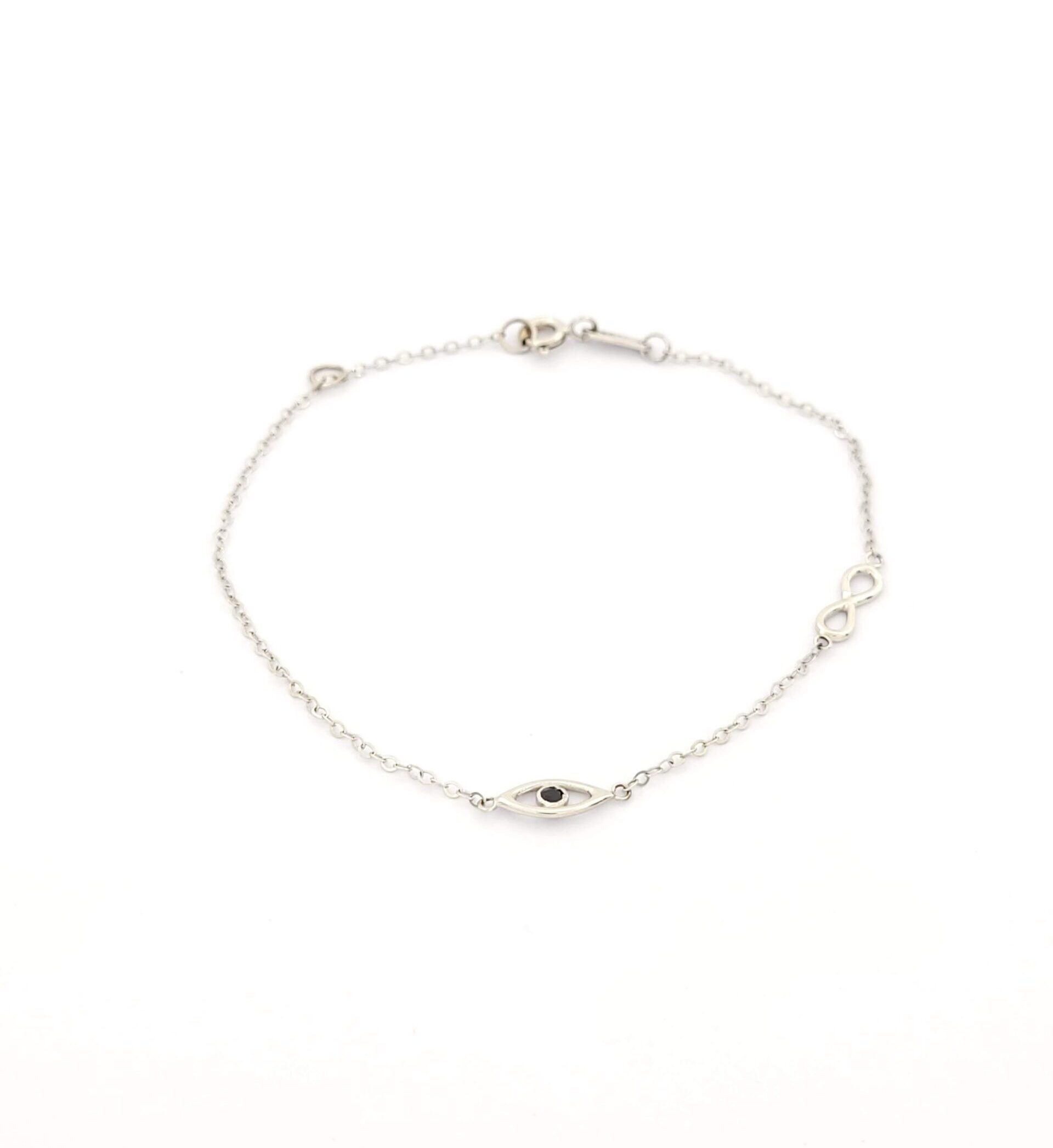 Λευκόχρυσο Γυναικείο Βραχιόλι Κ14,Με Άπειρο και Ματάκι Με Μαύρο Ζιργκόν κωδ.102447