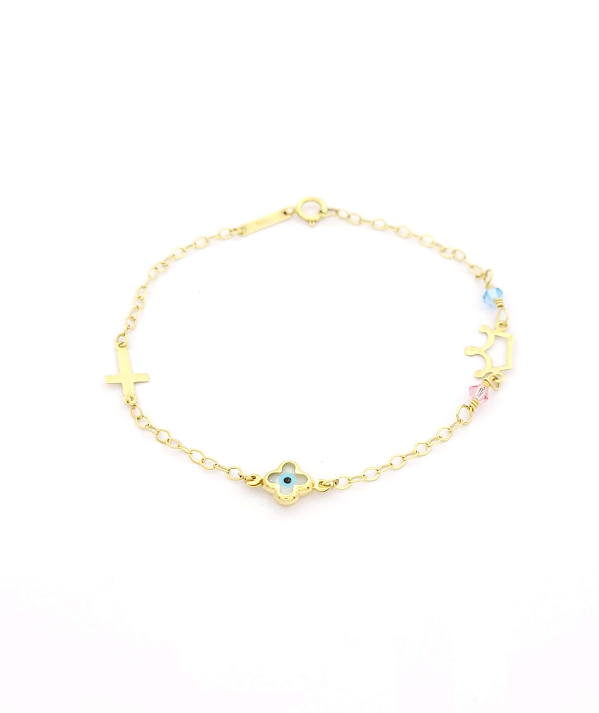 Χρυσό Παιδικό Βραχιόλι Κ14,Με Σταυρουδάκια Με Φίλντισι και Ματάκι,Κορωνίτσα και Ροζ και Μπλε Στοιχεία κωδ.102465