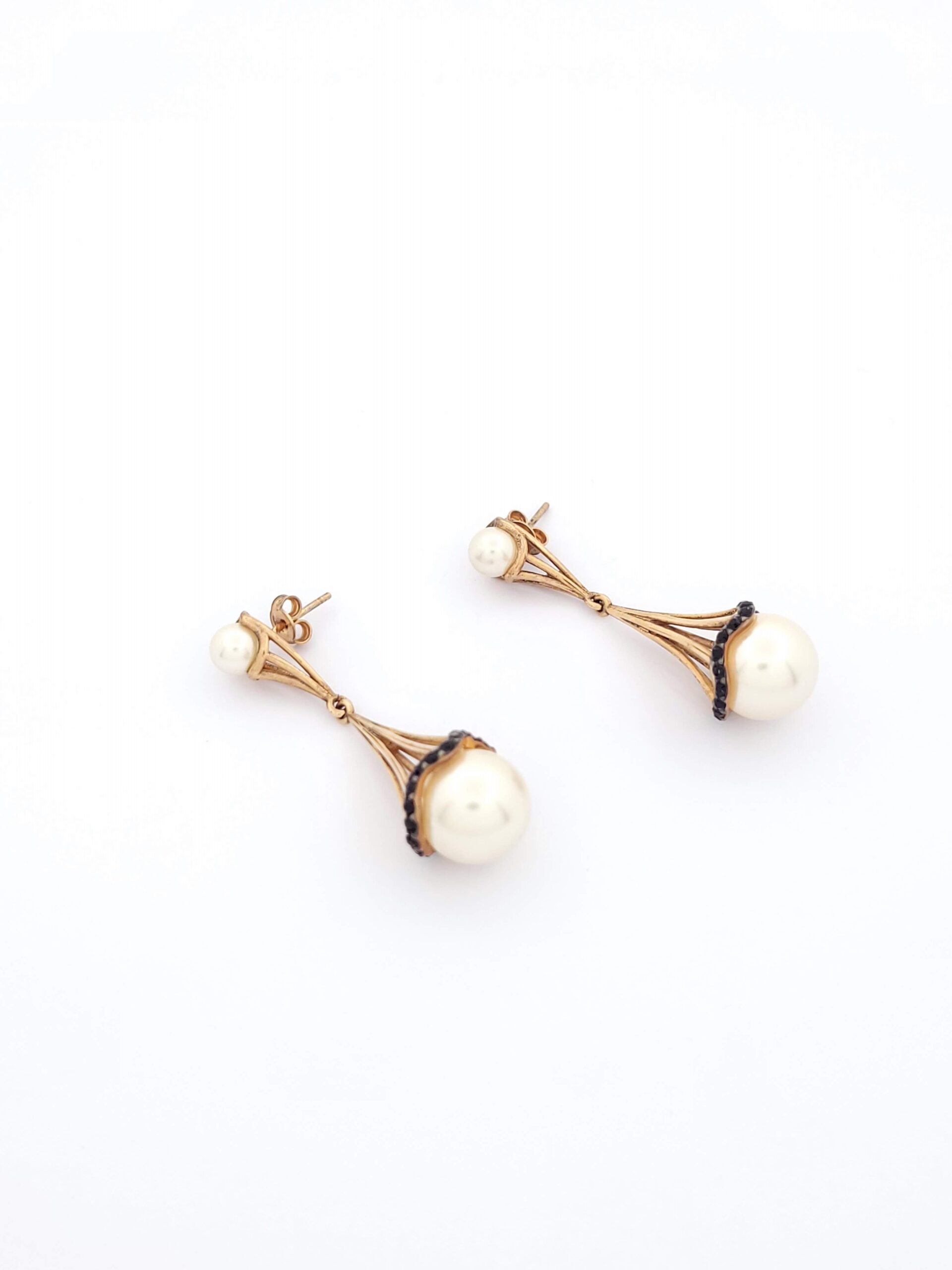 Ασημένια Ροζ Gold Γυναικεία Σκουλαρίκια Κρεμαστά Της Exis, Με Μαργαριτάρια Και Μαύρο Ζιργκόν κωδ.102483