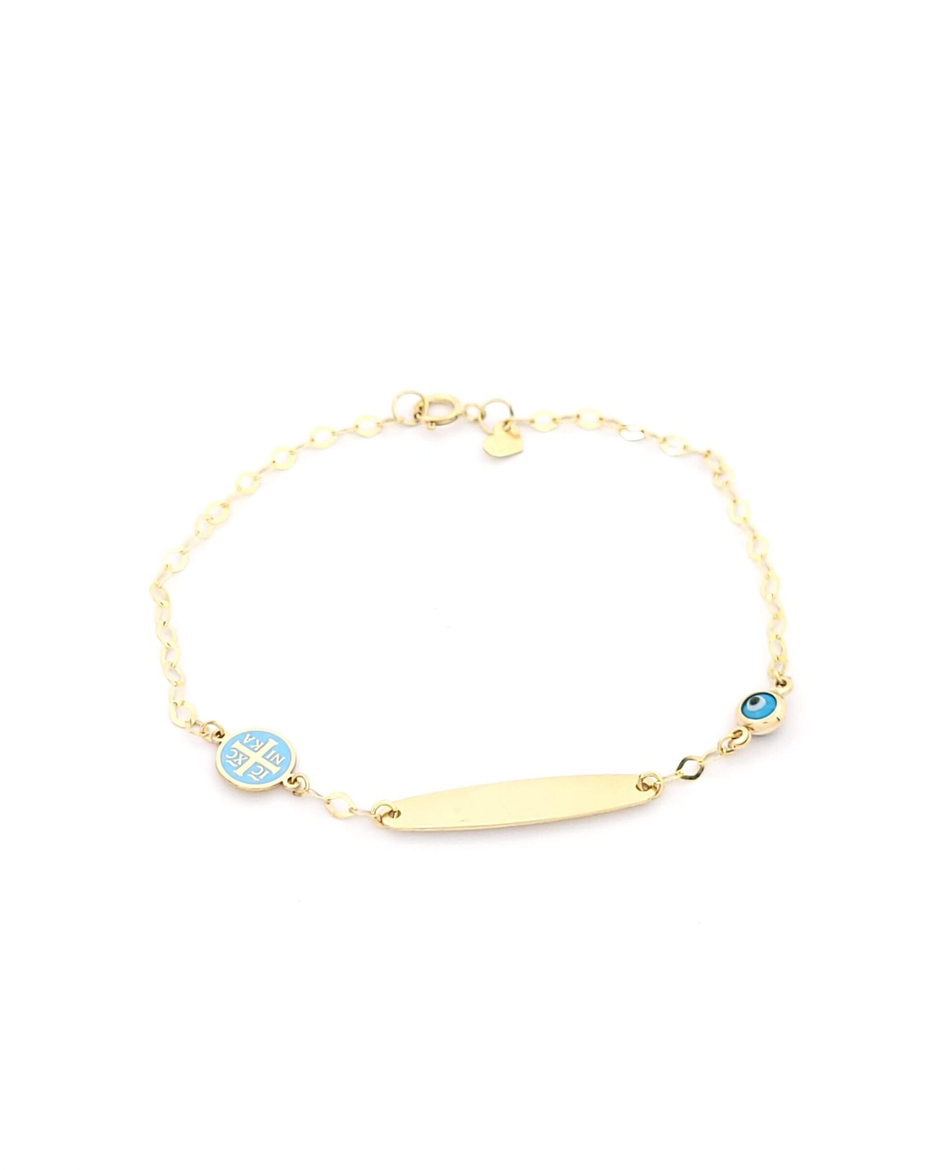 Χρυσό Παιδικό Βραχιόλι Με Ταυτότητα Κ9,Με Ματάκι και Κωνσταντινάτο Με Μπλε Σμάλτο κωδ.102550