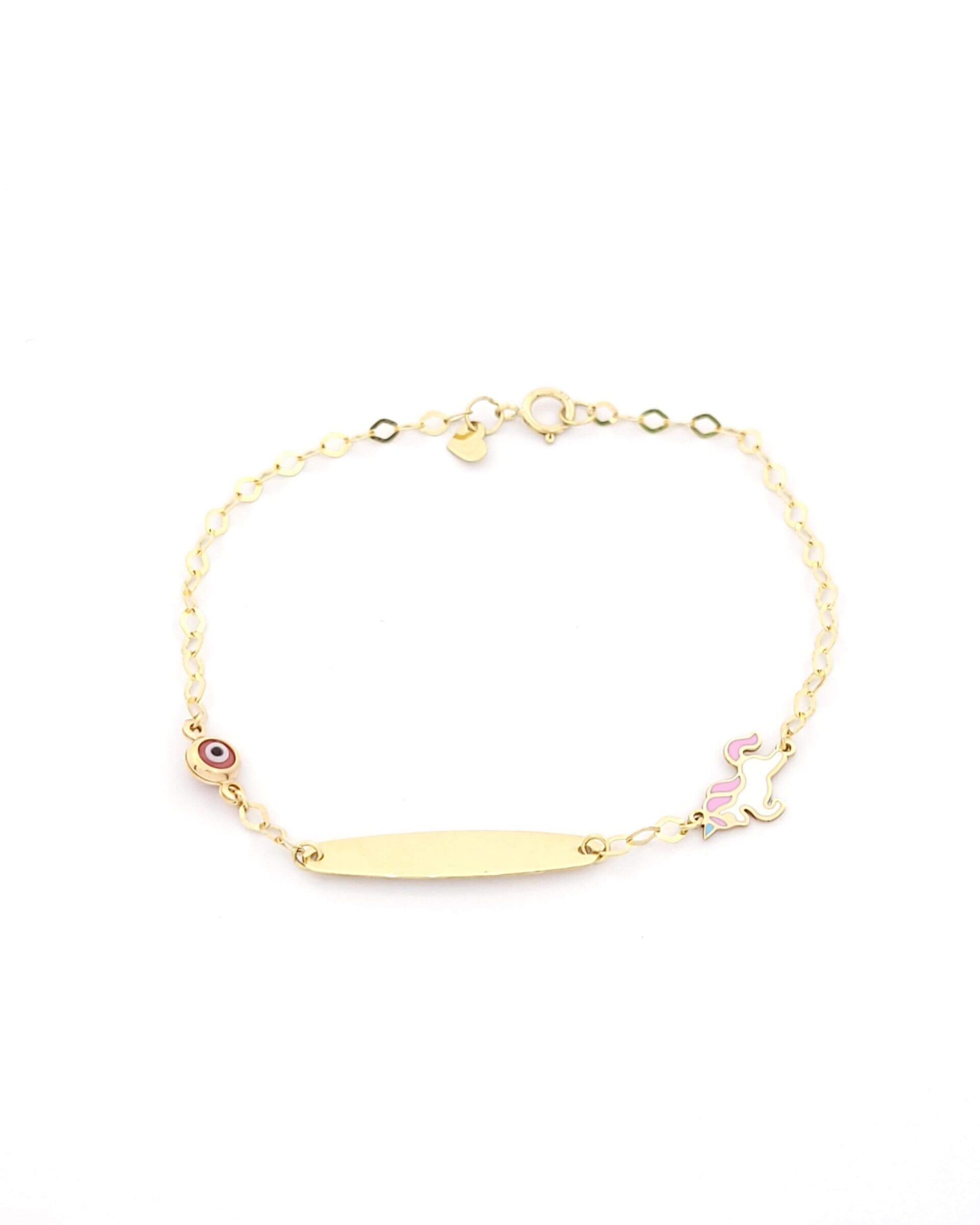 Χρυσό Παιδικό Βραχιόλι Με Ταυτότητα Κ9,Με Ροζ Ματάκι και Μονόκερο Με Σμάλτο κωδ.102551