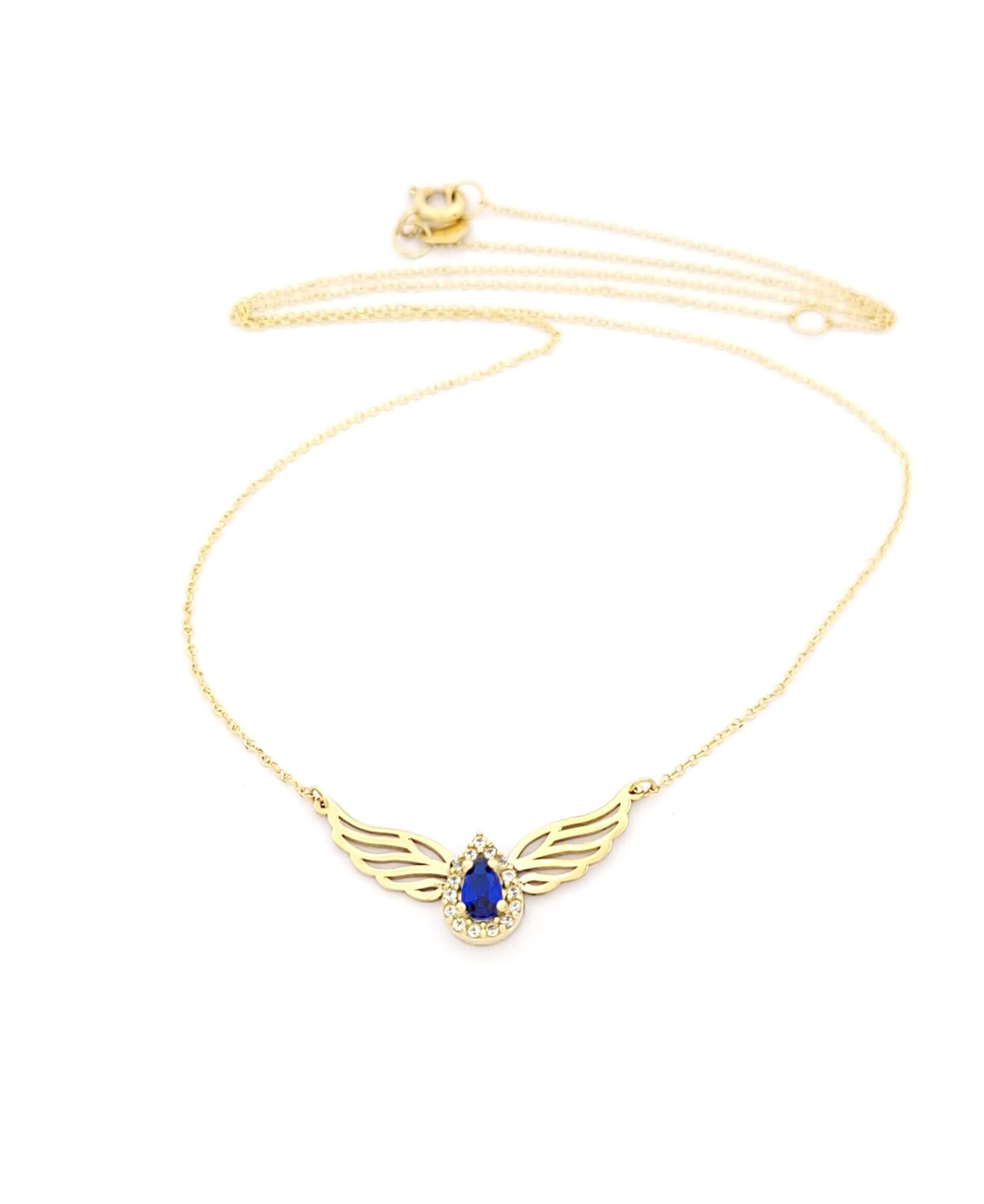 Χρυσό Γυναικείο Κολιέ Κ9 Ροζέτα,Με Δάκρυ Με Άσπρα και Μπλε Ζιργκόν και Φτερά κωδ.102553