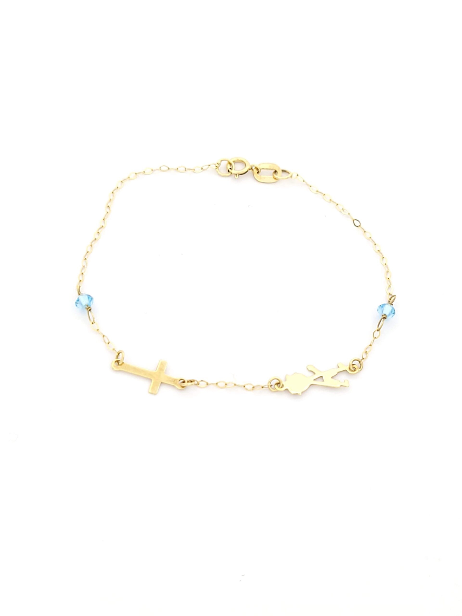 Χρυσό Παιδικό Βραχιόλι Κ14 Filva,Με Σταυρουδάκι,Με Αγοράκι και Μπλε Στοιχεία κωδ.102463