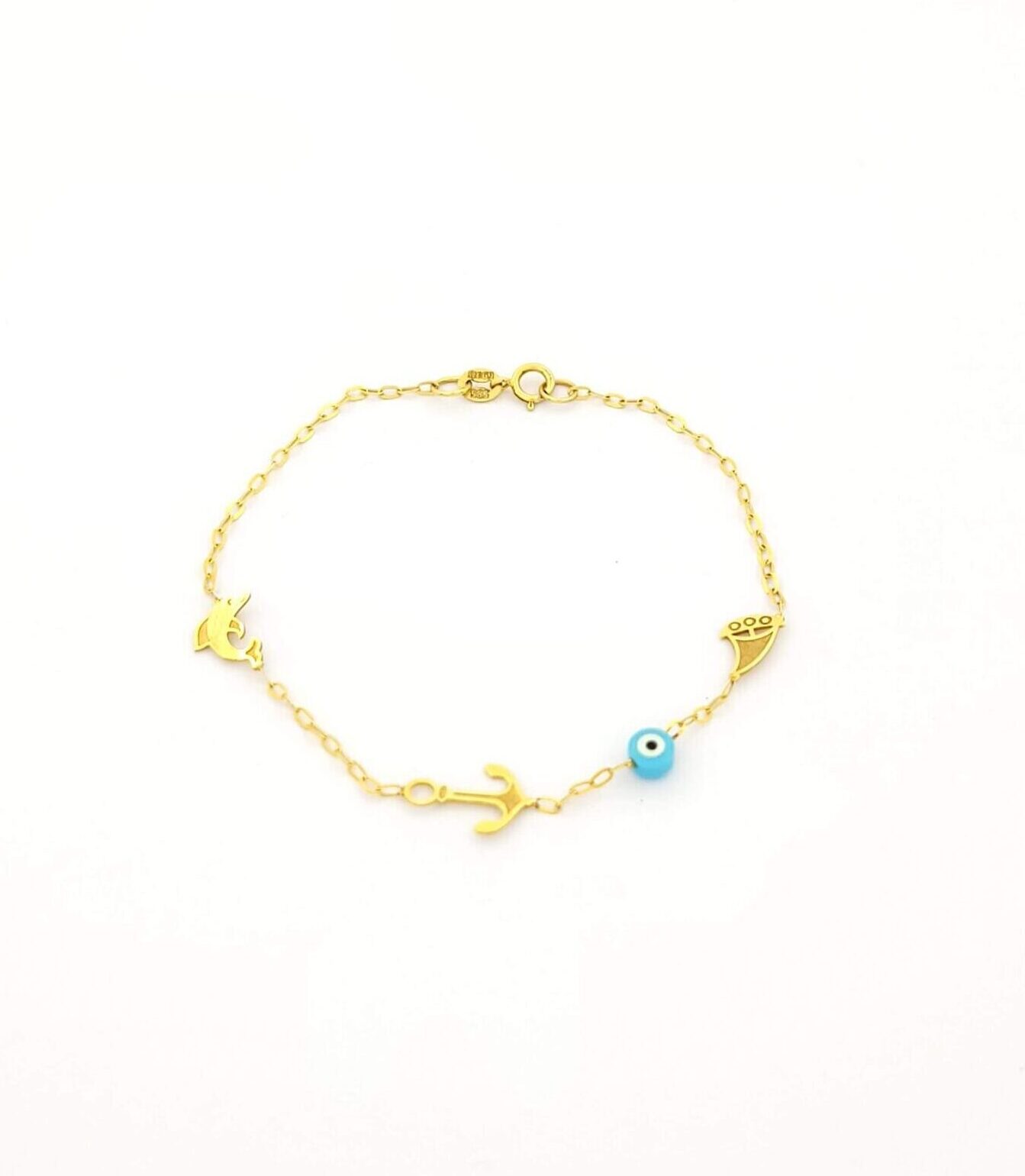 Χρυσό Παιδικό Βραχιόλι Κ14,Με Δελφίνι,Άγκυρα,Καραβάκι και Ματάκι κωδ.102464