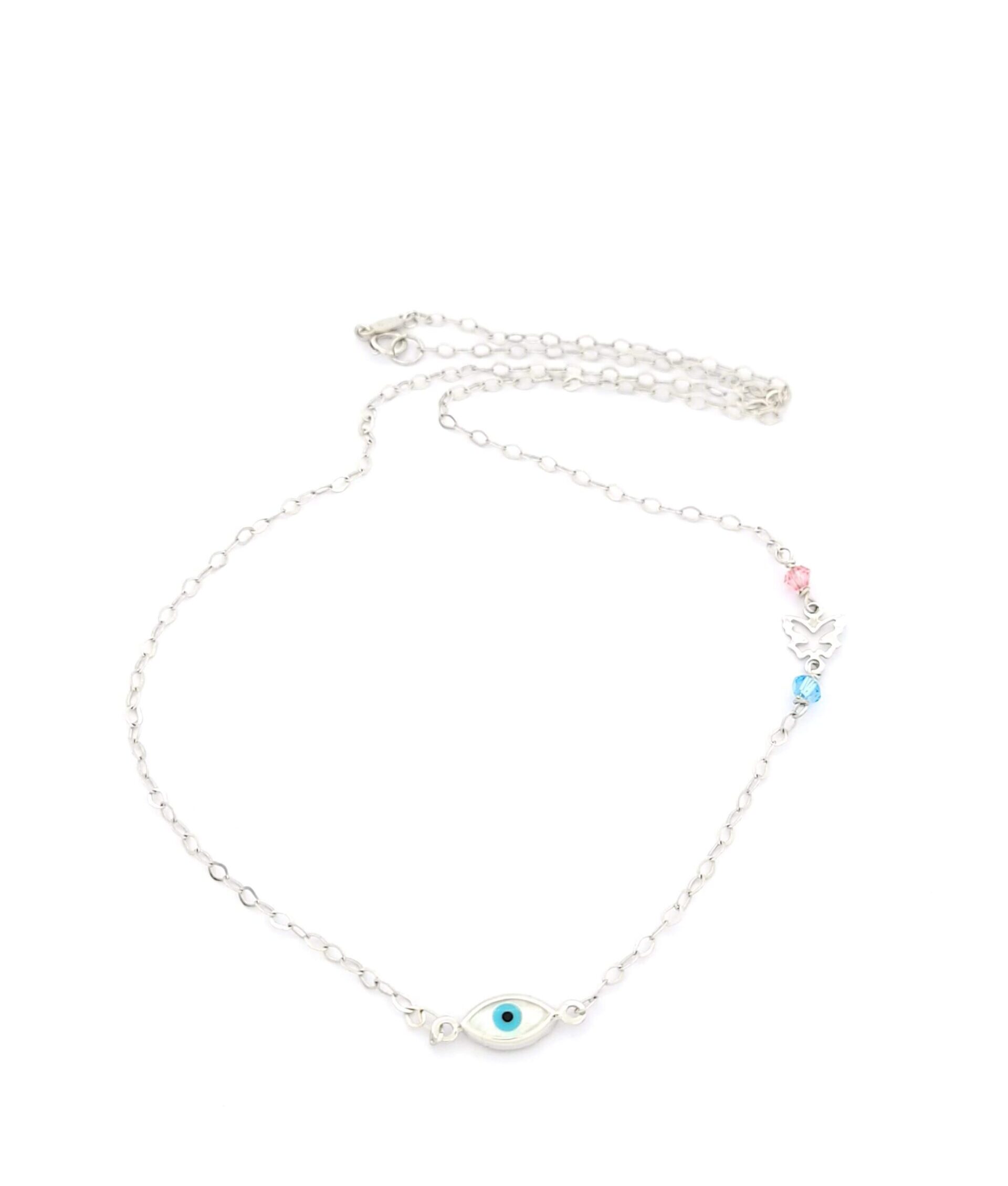 Λευκόχρυσο Γυναικείο Κολιέ Κ14,Με Ματάκι Με Φίλντισι,Πεταλουδίτσα και Ροζ και Μπλε Στοιχεία κωδ.102838