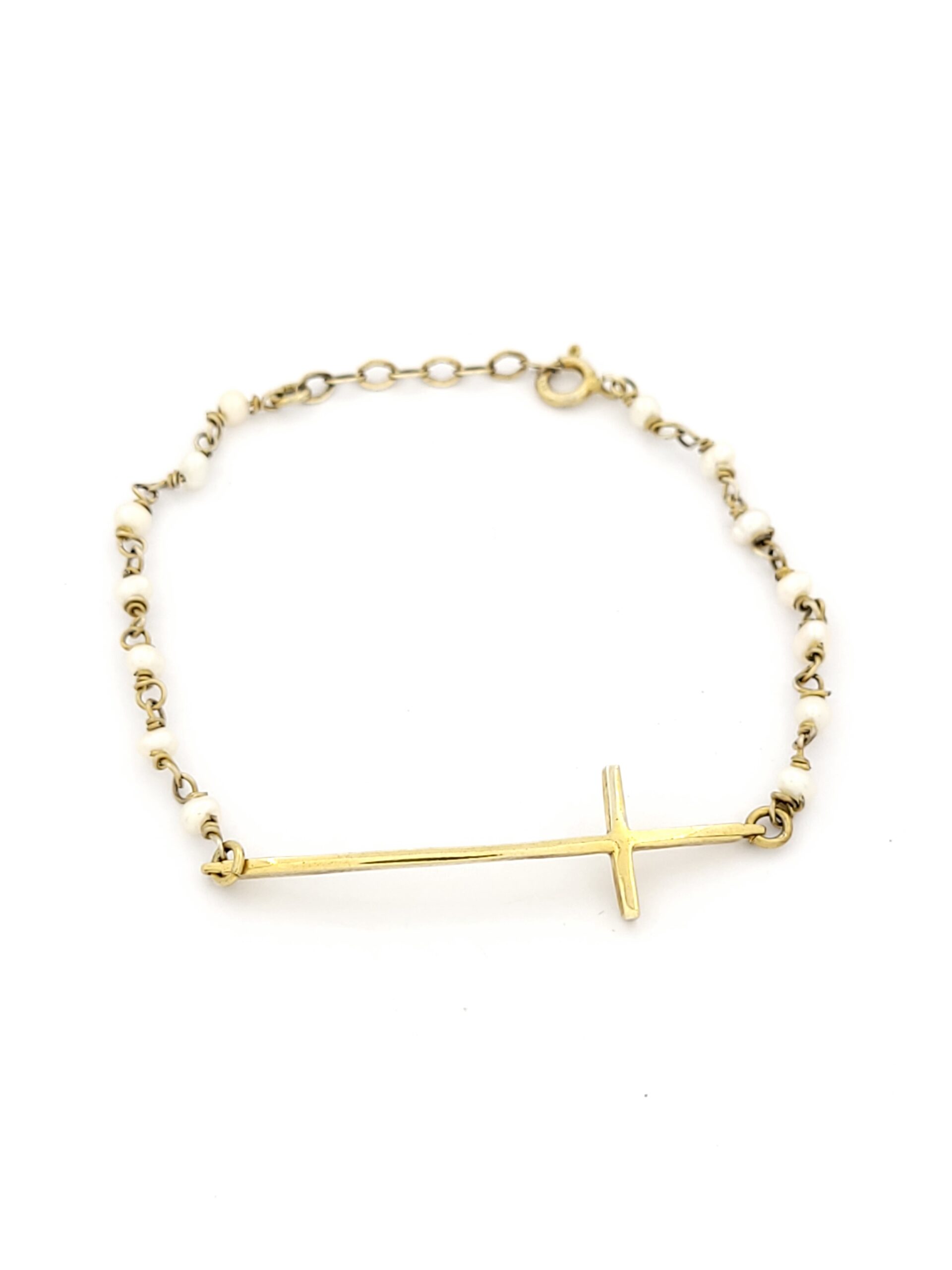 Ασημένιο Επιχρυσωμένο Γυναικείο Βραχιόλι με Μοτίφ Σταυρό και Μαργαριταράκια κωδ.102995