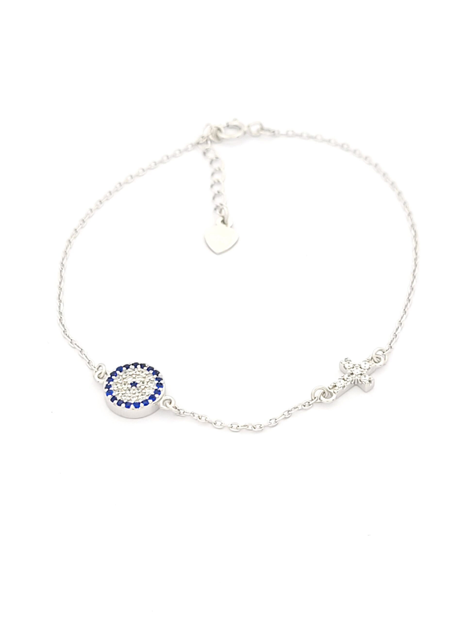 Ασημένιο Γυναικείο Βραχιόλι, Με Σταυρό, Ματάκι, Λευκά Και Μπλε Ζιργκόν κωδ.103104