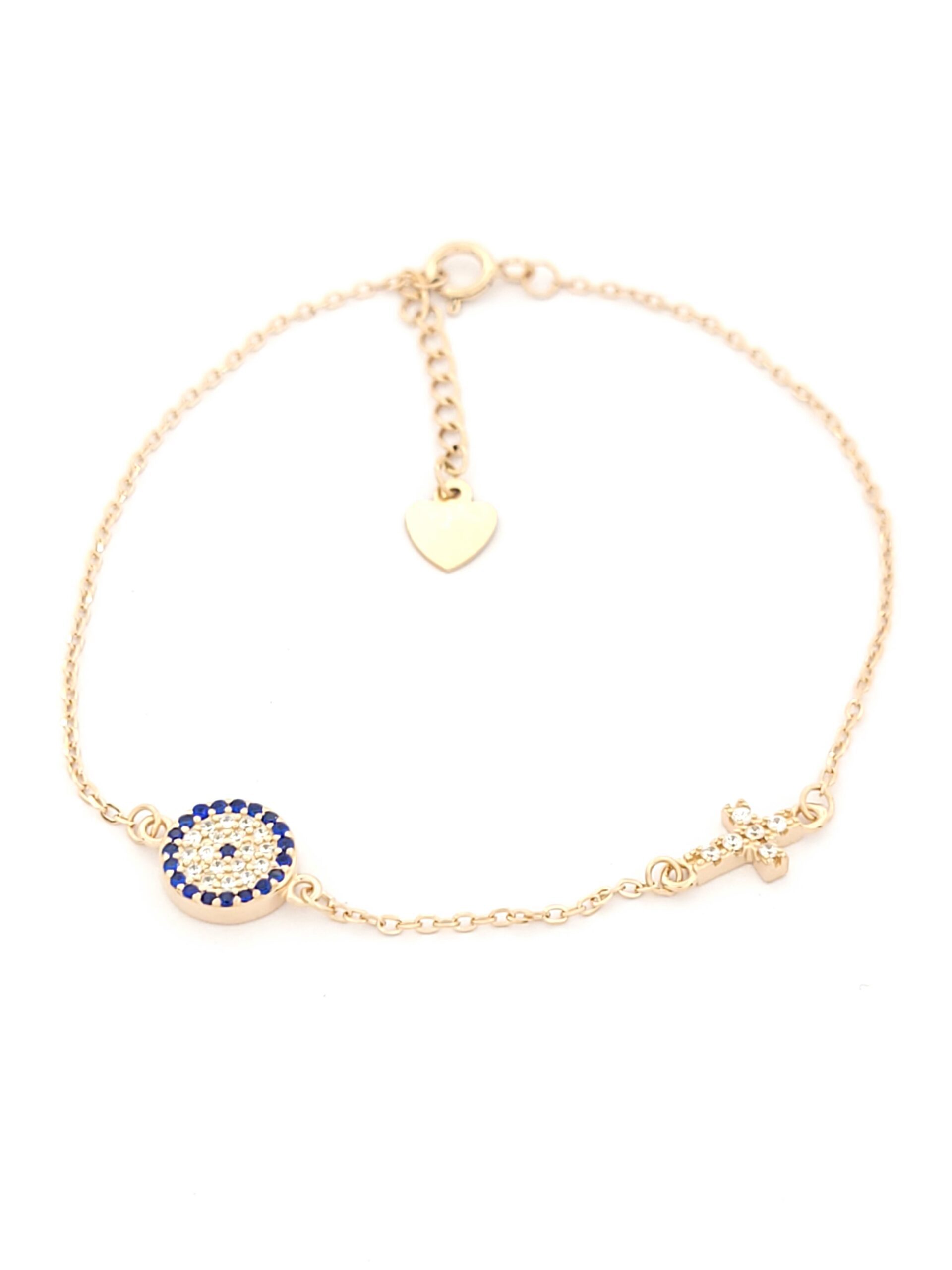 Ασημένιο Ροζ Gold Γυναικείο Βραχιόλι, Με Σταυρό, Ματάκι, Λευκά Και Μπλε Ζιργκόν κωδ.103102