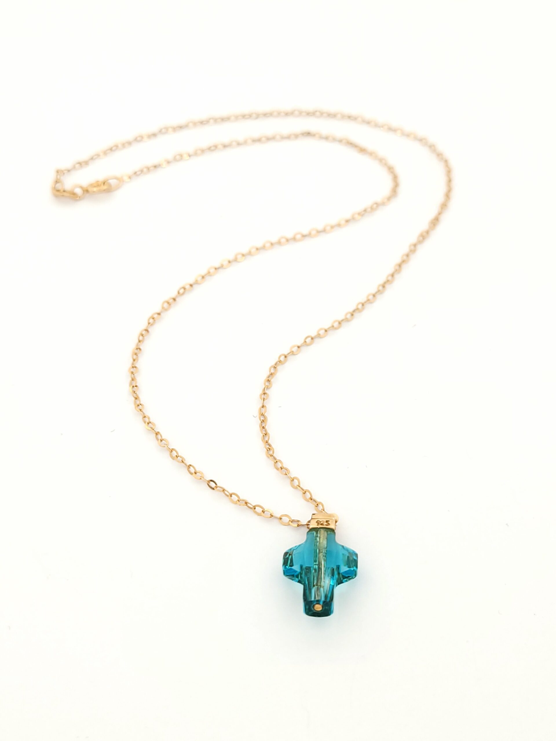Ασημένιο Ροζ Gold Γυναικείο Κολιέ, Με Σταυρό Με Blue Crystal κωδ.103269