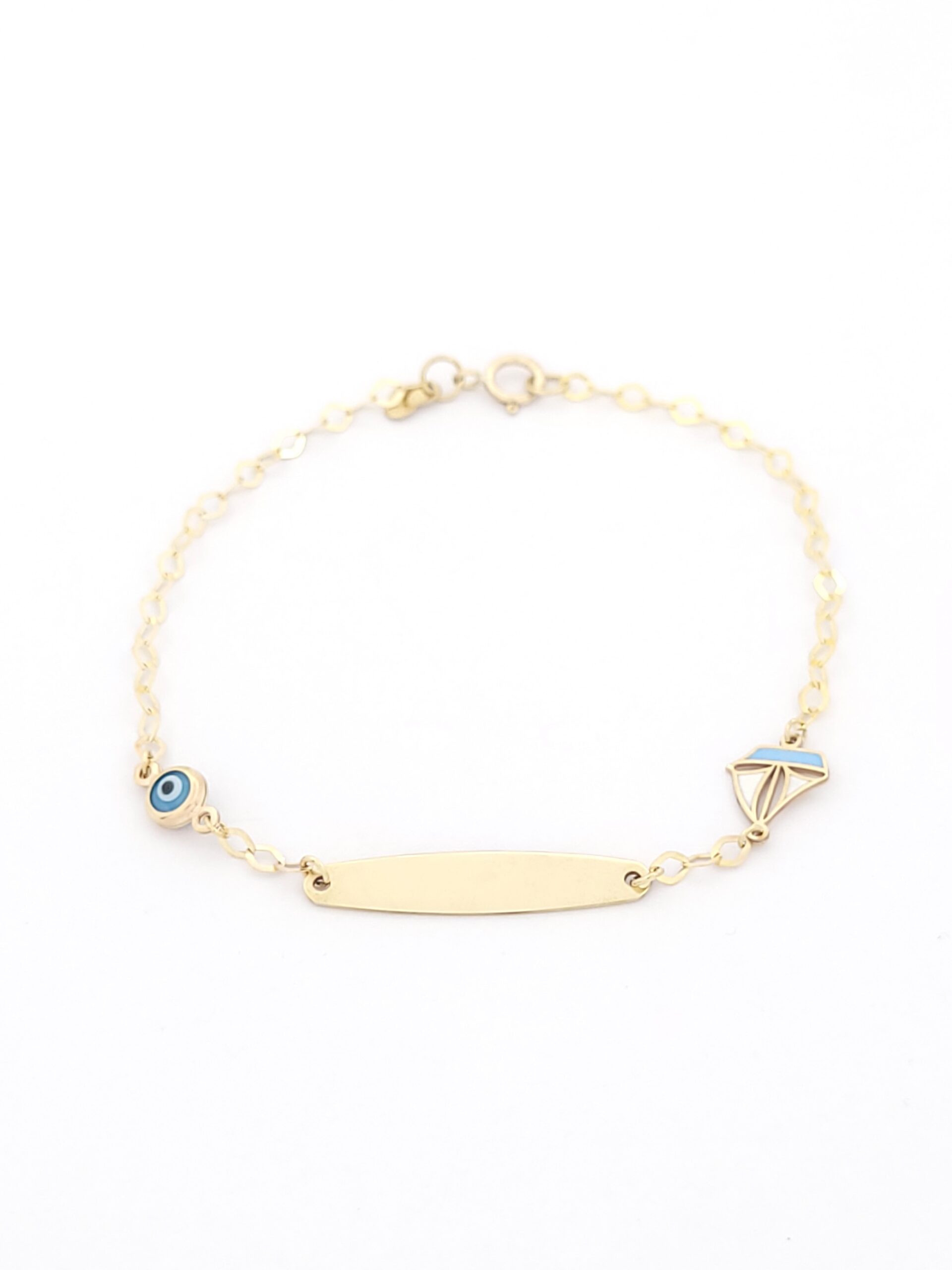 Χρυσό Παιδικό Βραχιόλι Με Ταυτότητα Κ9,Με Γαλάζιο Ματάκι Και Καραβάκι κωδ.103695