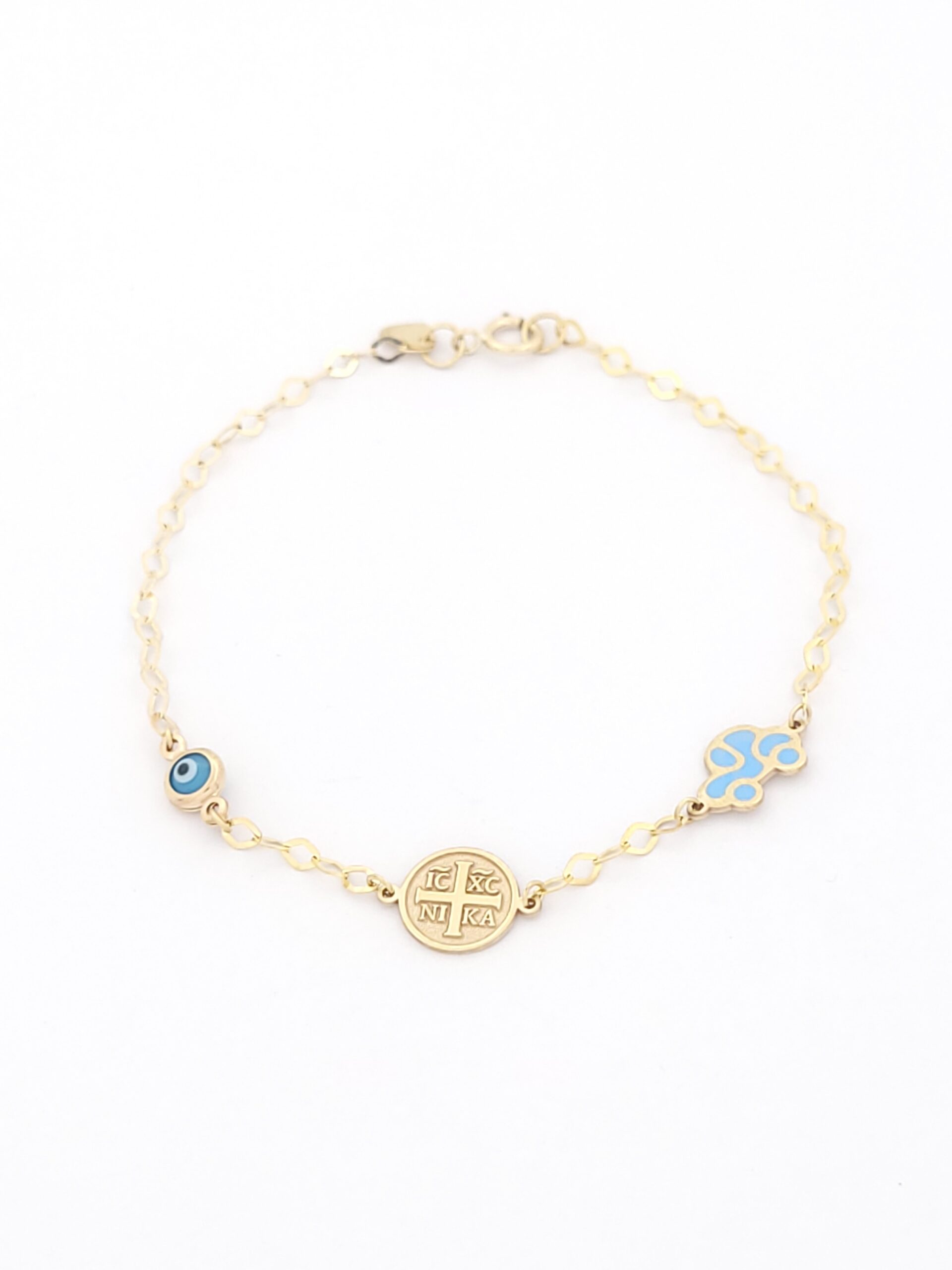 Χρυσό Παιδικό Βραχιόλι Με Ταυτότητα Κ9,Με Γαλάζιο Ματάκι, Κωνσταντινάτο Και Γαλάζιο Αυτοκινητάκι κωδ.103691