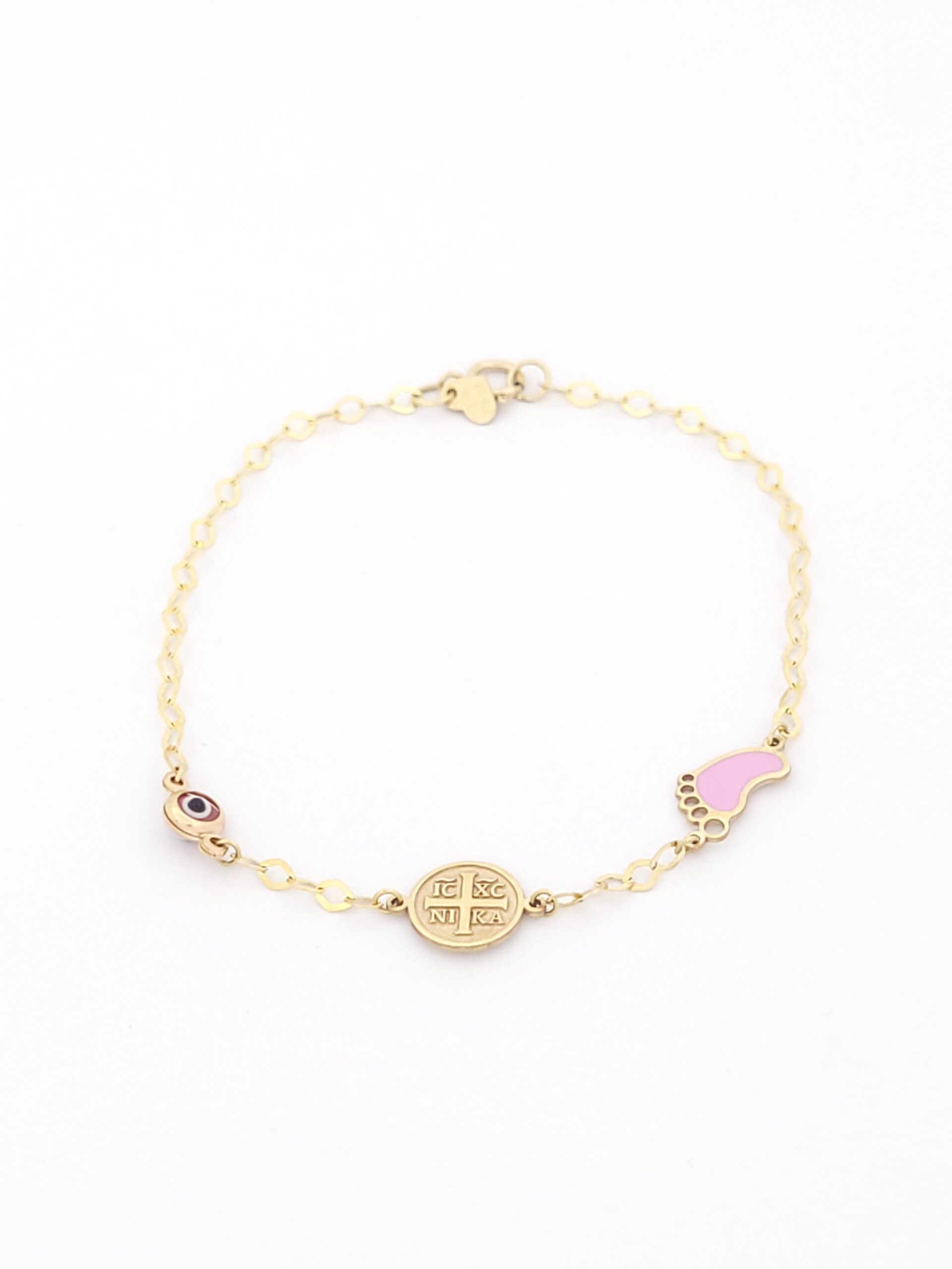 Χρυσό Παιδικό Βραχιόλι Με Ταυτότητα Κ9,Με Ροζ Ματάκι, Κωνσταντινάτο Και Ροζ Πατουσάκι κωδ.103694
