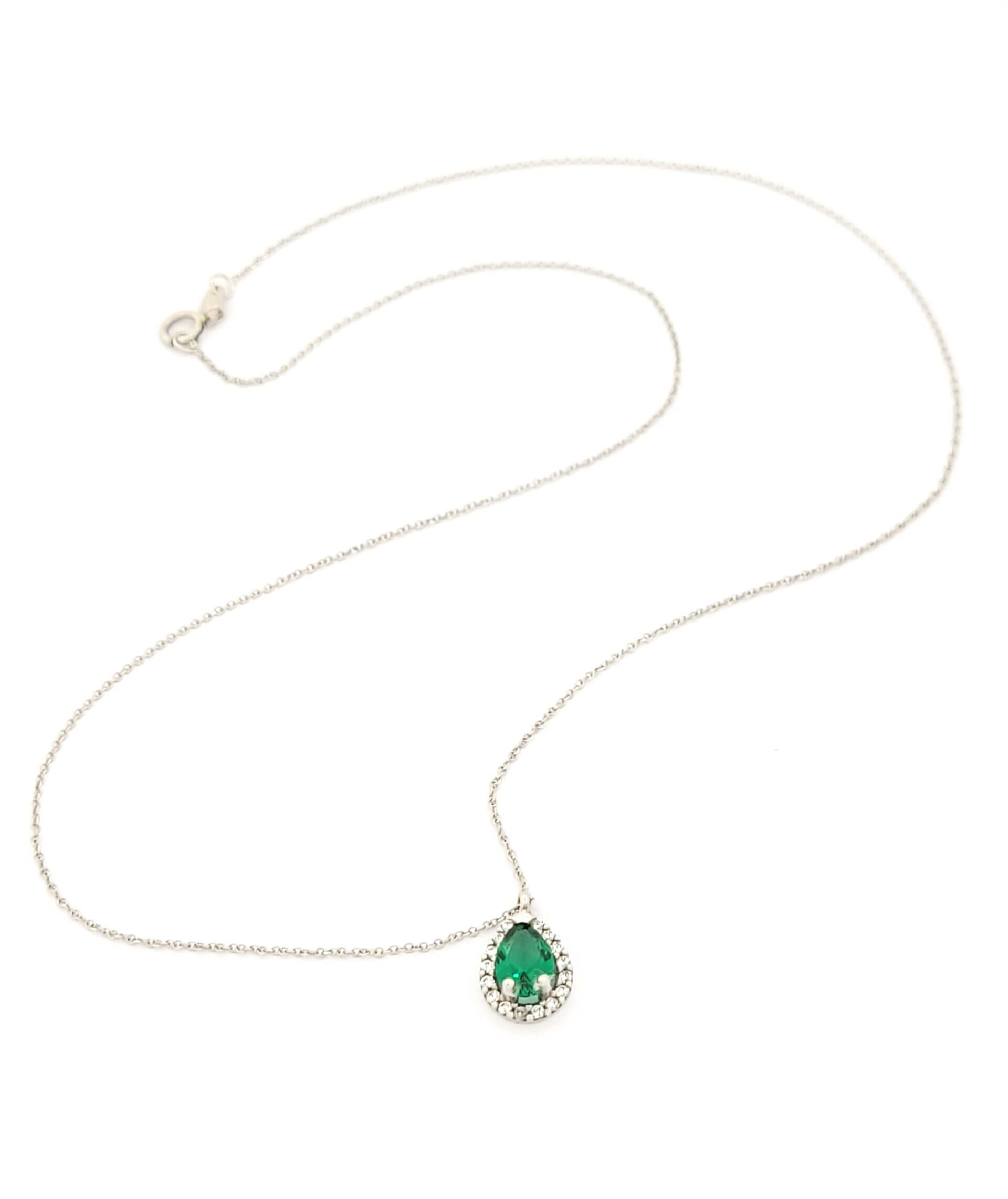 Λευκόχρυσο Γυναικείο Κολιέ Κ14, Με Ροζέτα Δάκρυ με Πράσινο και Λευκά Ζιργκόν κωδ.104157