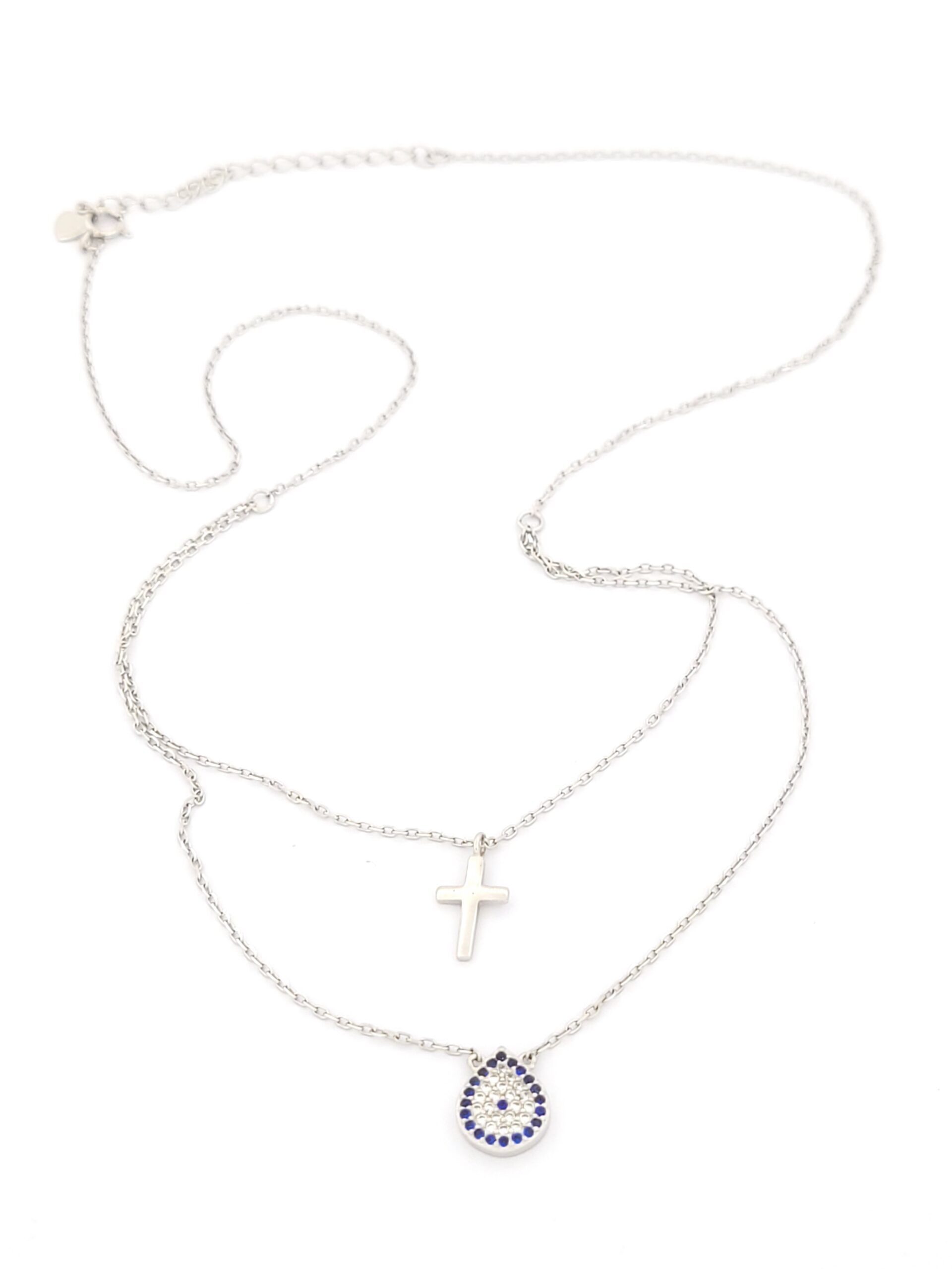 Ασημένιο Γυναικείo Διπλό Κολιέ, Με Ματάκι Δάκρυ, Σταυρουδάκι Και Λευκά, Μπλε Ζιργκόν κωδ.104232