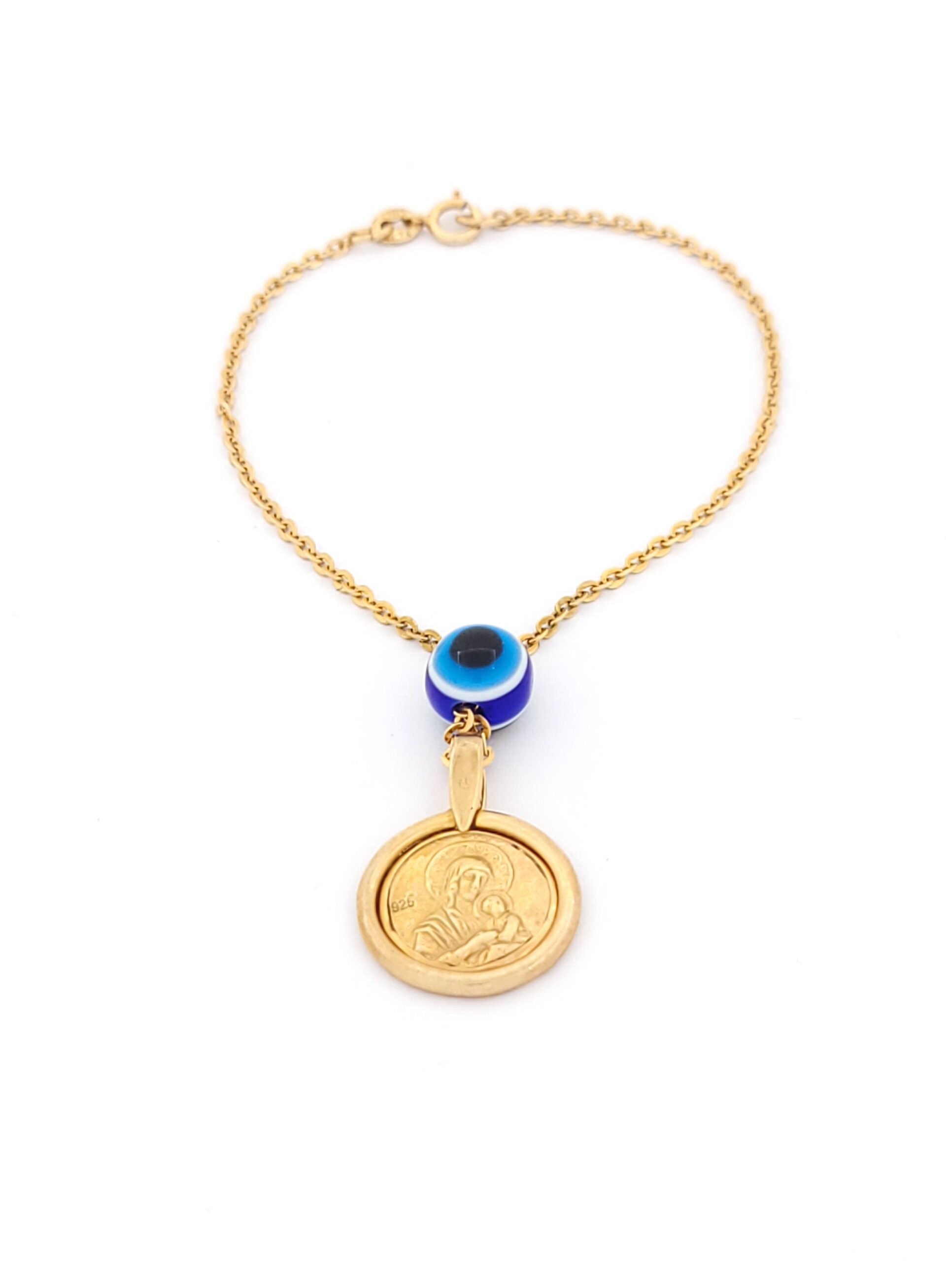 Ασημένιο Ροζ Gold Γούρι Διπλής Όψης, Με Ματάκι, Με Αναπαράσταση της Παναγίας Και Του Άγιου Χριστόφορου κωδ. 102452