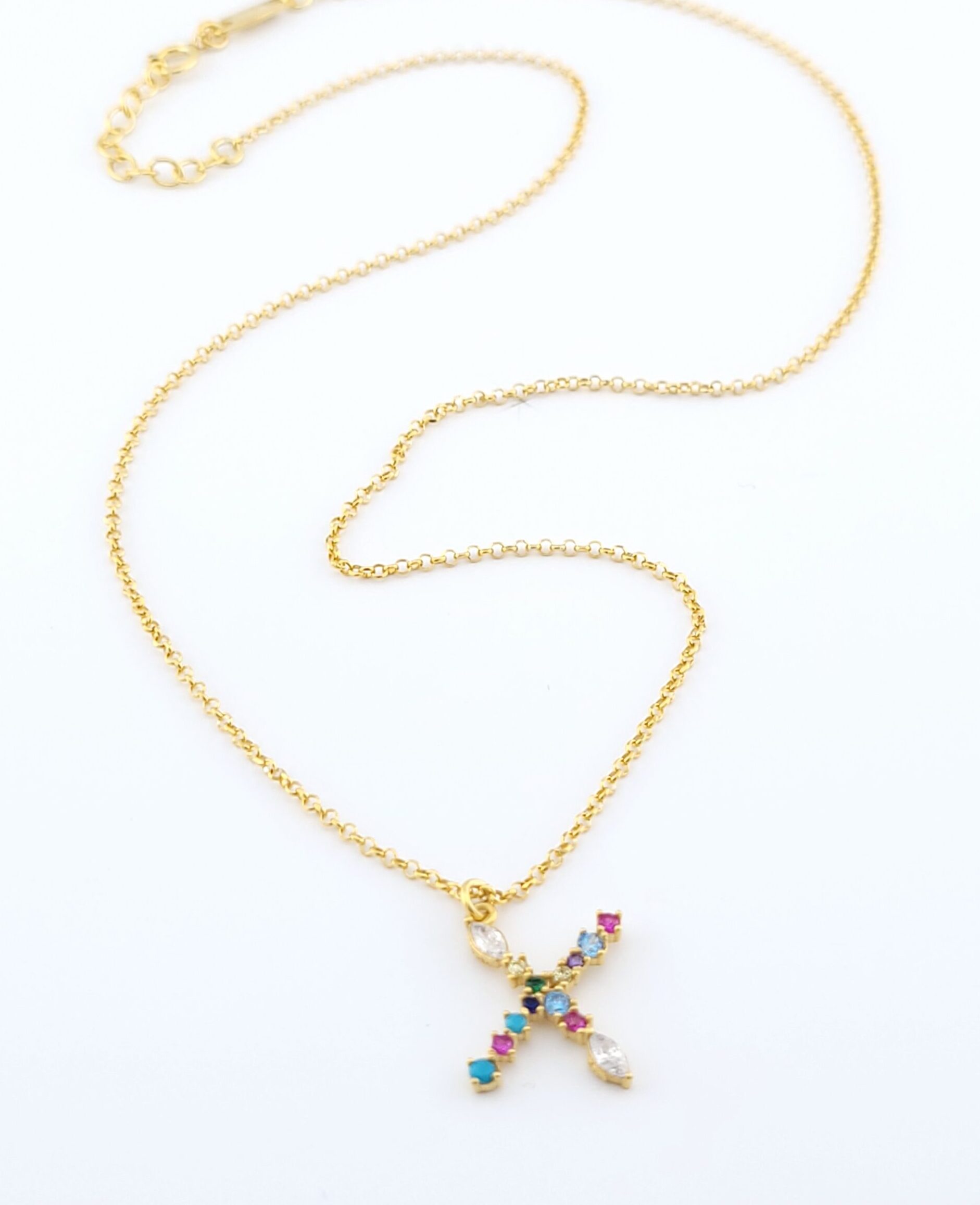 Ασημένιο Επιχρυσωμένο Γυναικείο Κολιέ, Με Γράμμα "Χ" Και Πολύχρωμα Ζιργκόν κωδ.104892