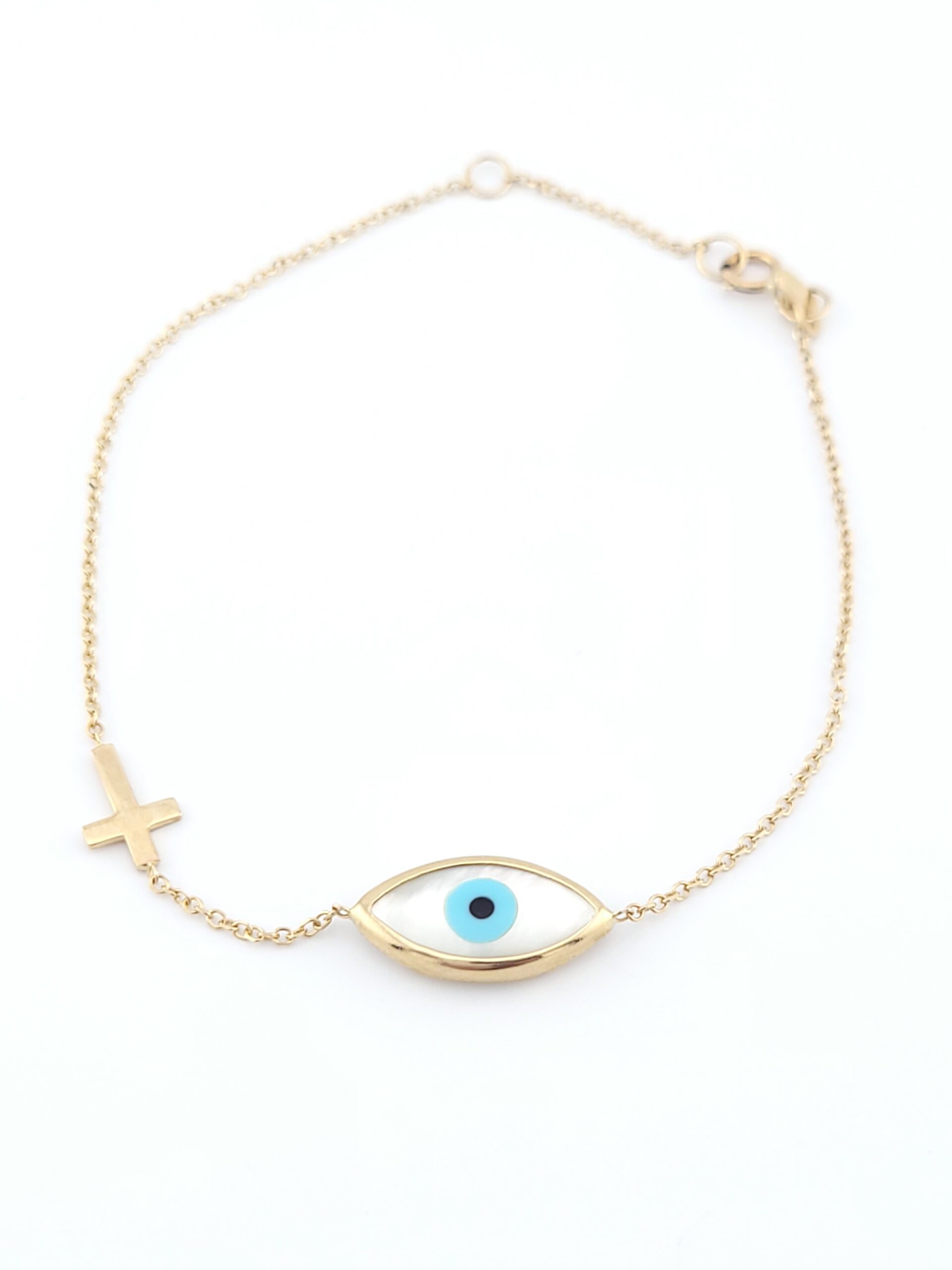 Χρυσό Γυναικείο Βραχιόλι Κ9, Με Σταυρουδάκι Και Ματάκι κωδ.104937