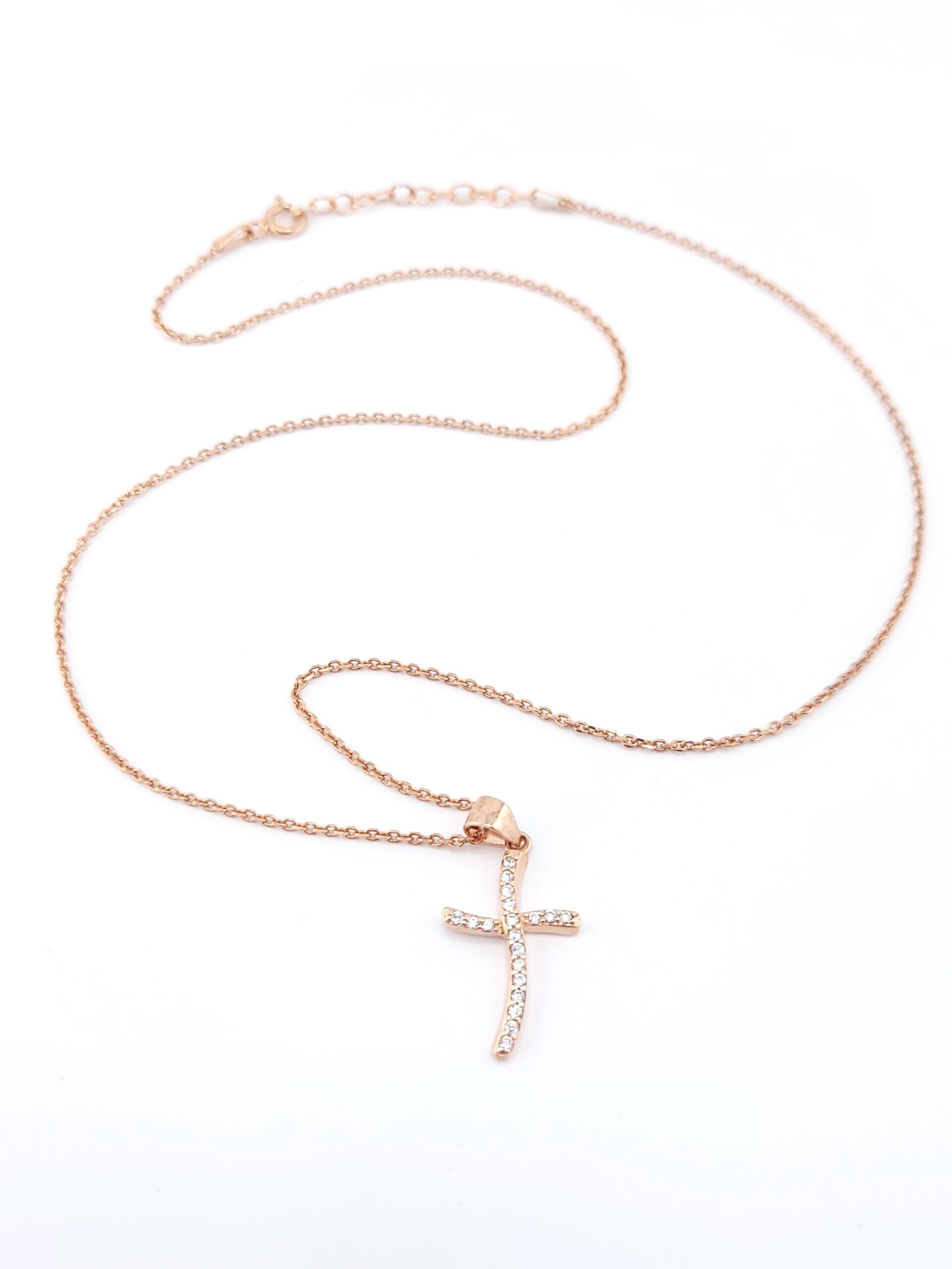 Ασημένιο Ροζ Gold Γυναικείο Κολιέ, Με Σταυρό με Λευκά Ζιργκόν κωδ.105338