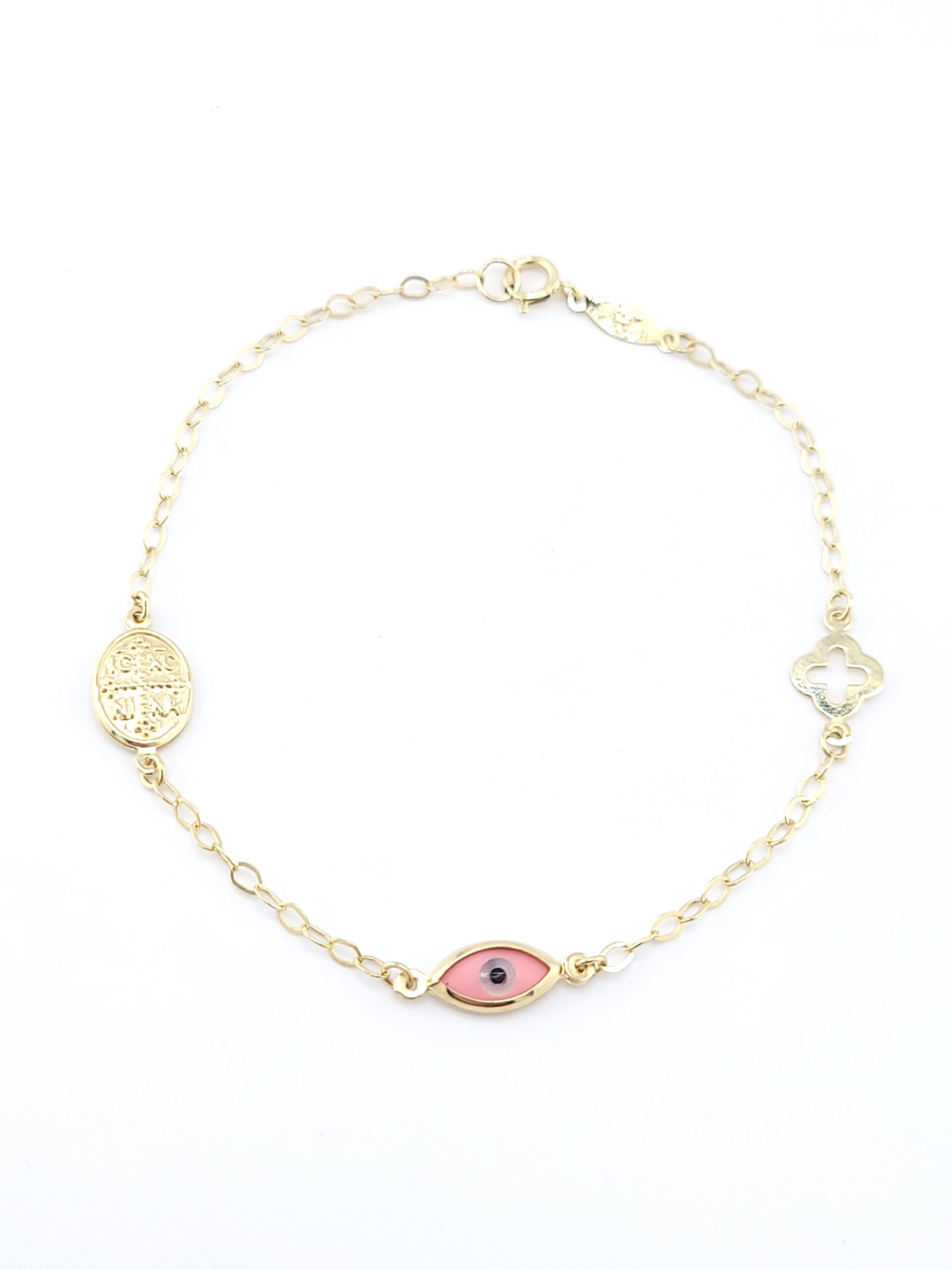 Χρυσό Παιδικό Βραχιόλι Κ9, Με Σταυρουδάκι, Ροζ Ματάκι Και Κωνσταντινάτο κωδ.105383
