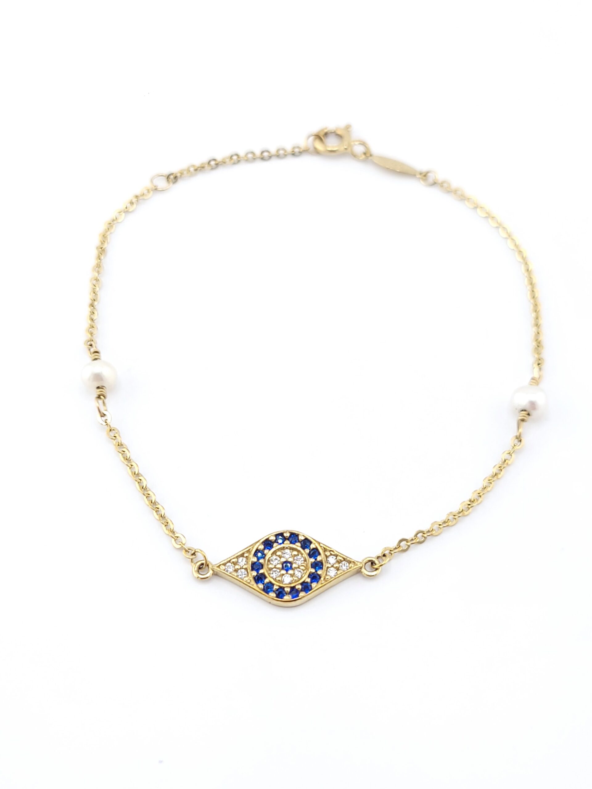 Χρυσό Γυναικείο Βραχιόλι Κ9, Με Ματάκι Με Λευκά Και Μπλε Ζιργκόν, Με Μαργαριτάρια κωδ.105389