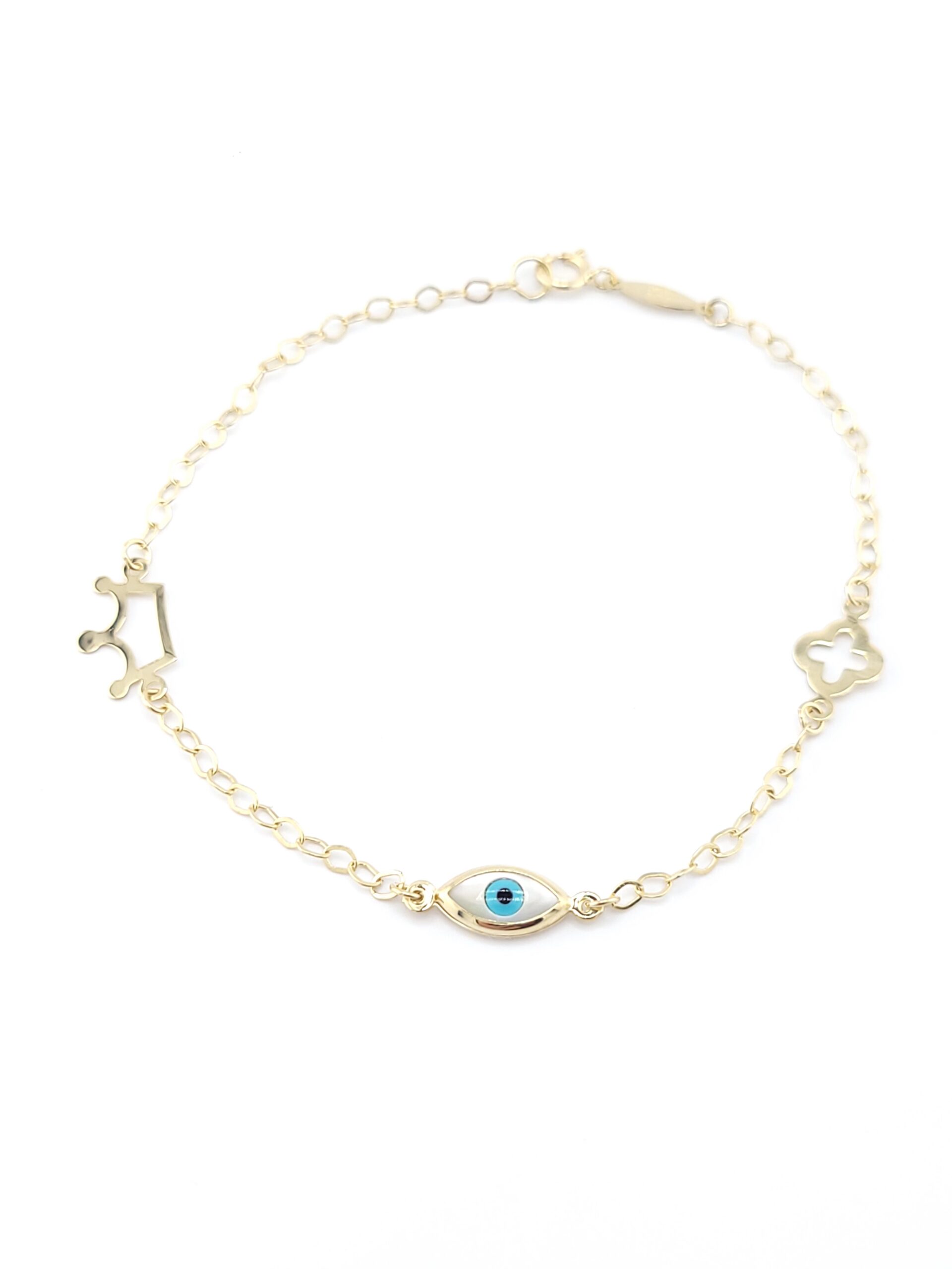 Χρυσό Παιδικό Βραχιόλι Κ9, Με Ματάκι, Σταυρουδάκι Και Κορώνα κωδ.105391