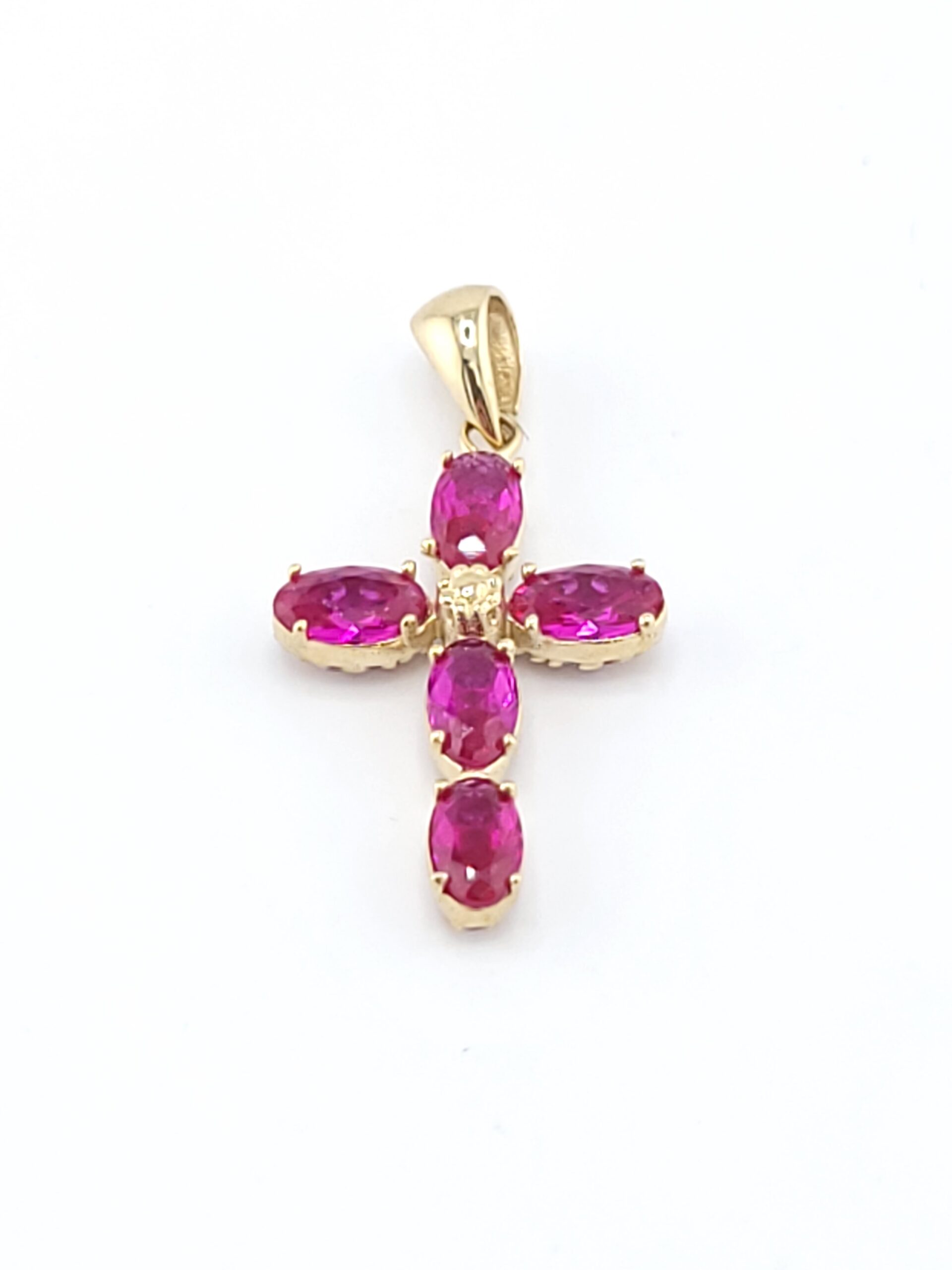 Χρυσός Γυναικείος Σταυρός Διπλής Όψης Κ14, Με Λευκά Και Φούξια Ζιργκόν κωδ.105526