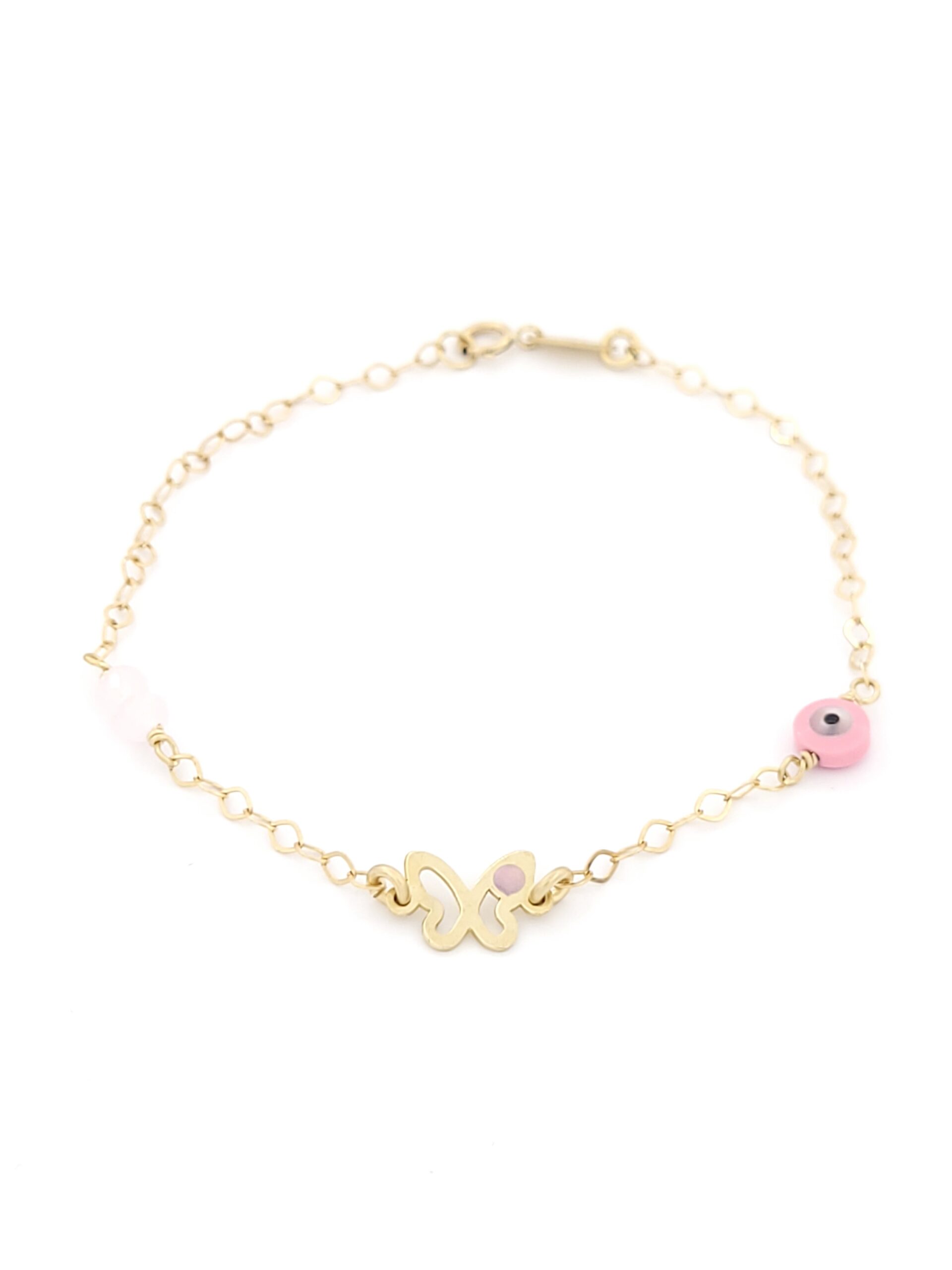 Χρυσό Παιδικό Βραχιόλι Κ9, Με Ματάκι, Με Ροζ Πέτρες Και Πεταλούδα Με Ροζ Σμάλτο κωδ.105547