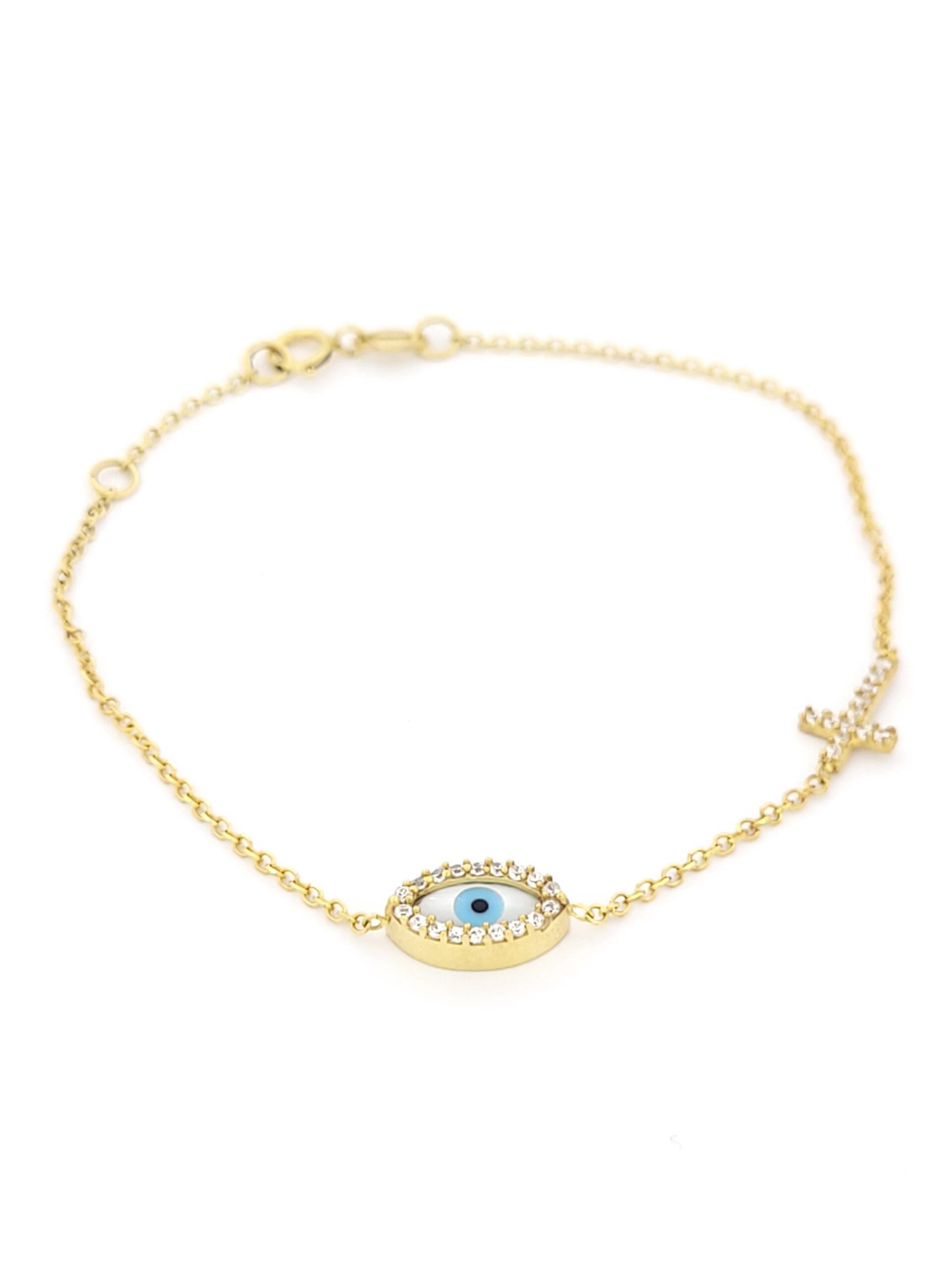 Χρυσό Γυναικείο Βραχιόλι Κ9, Με Ματάκι Και Σταυρό Με Ζιργκόν κωδ.105452