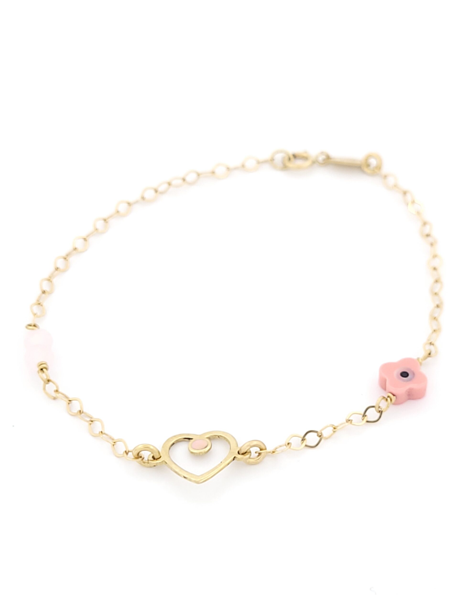 Χρυσό Παιδικό Βραχιόλι Κ9, Με Ματάκι, Με Ροζ Πέτρες Και Καρδιά Με Ροζ Σμάλτο κωδ.105453