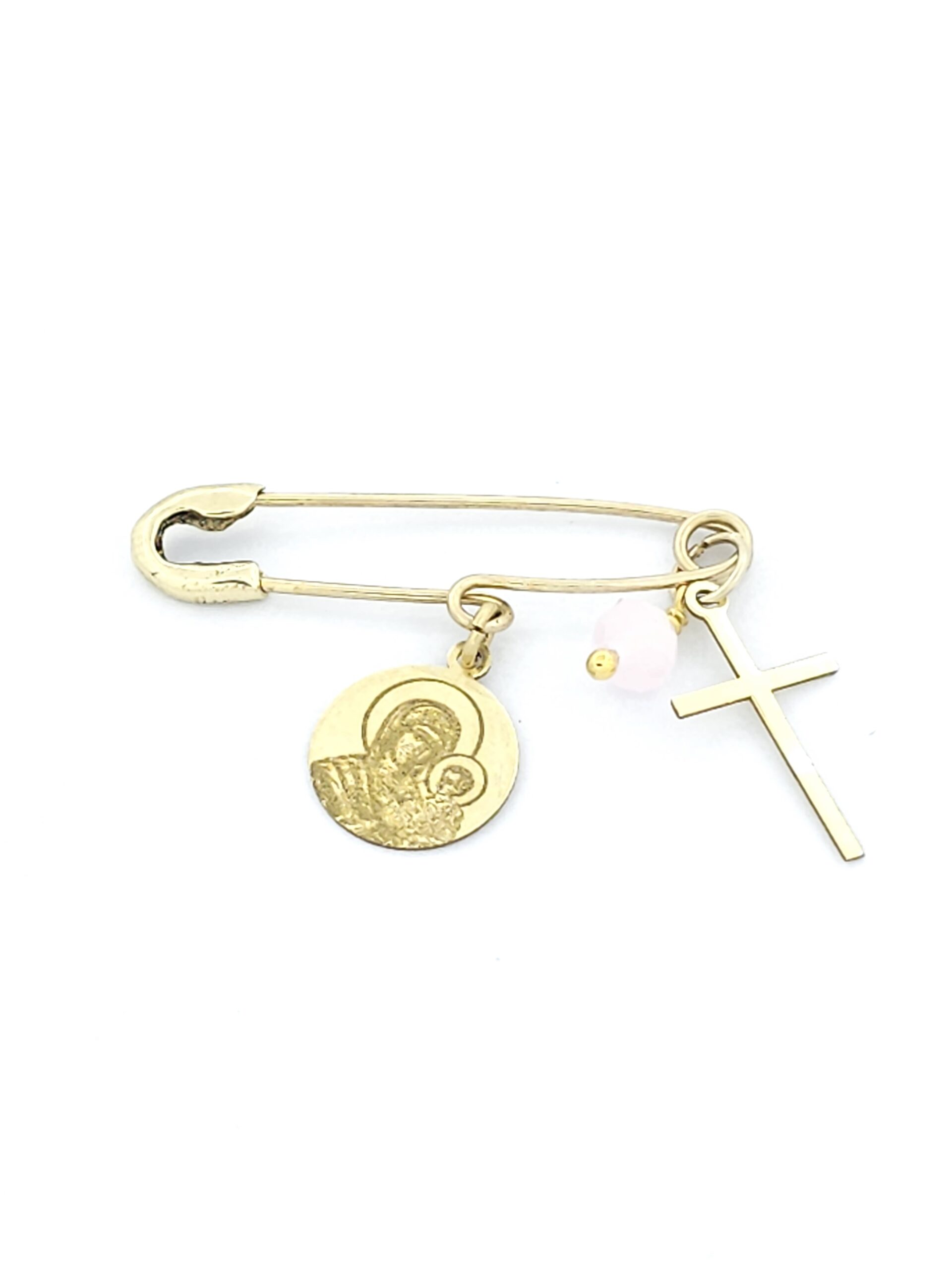 Χρυσή Παιδική Παραμάνα K9,Με Σταυρουδάκι, Παναγίτσα και Ροζ Στοιχείο κωδ.102085