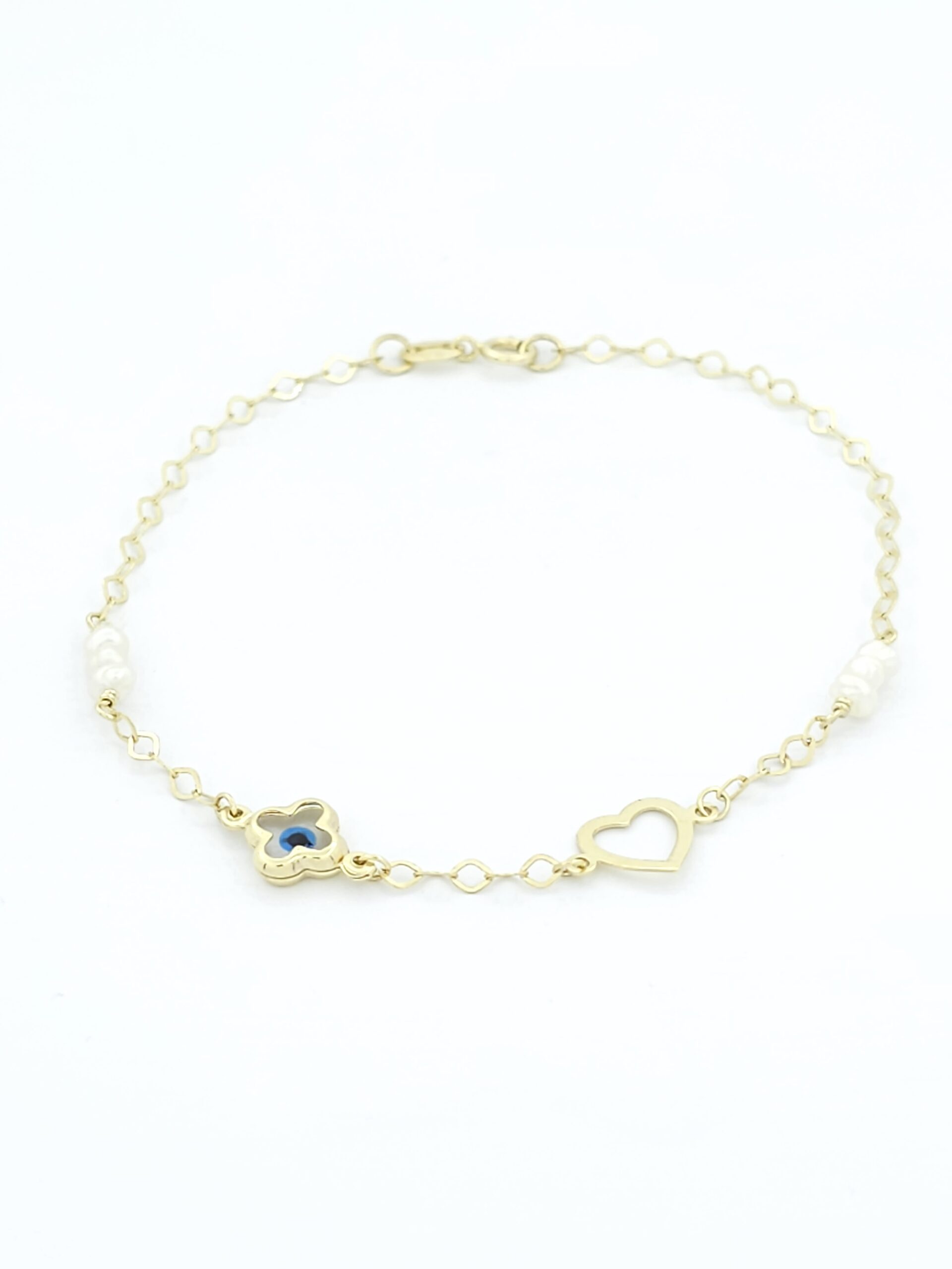 Χρυσό Παιδικό Βραχιόλι Κ9, Με Ματάκι, Καρδούλα Και Μαργαριτάρια κωδ.105673