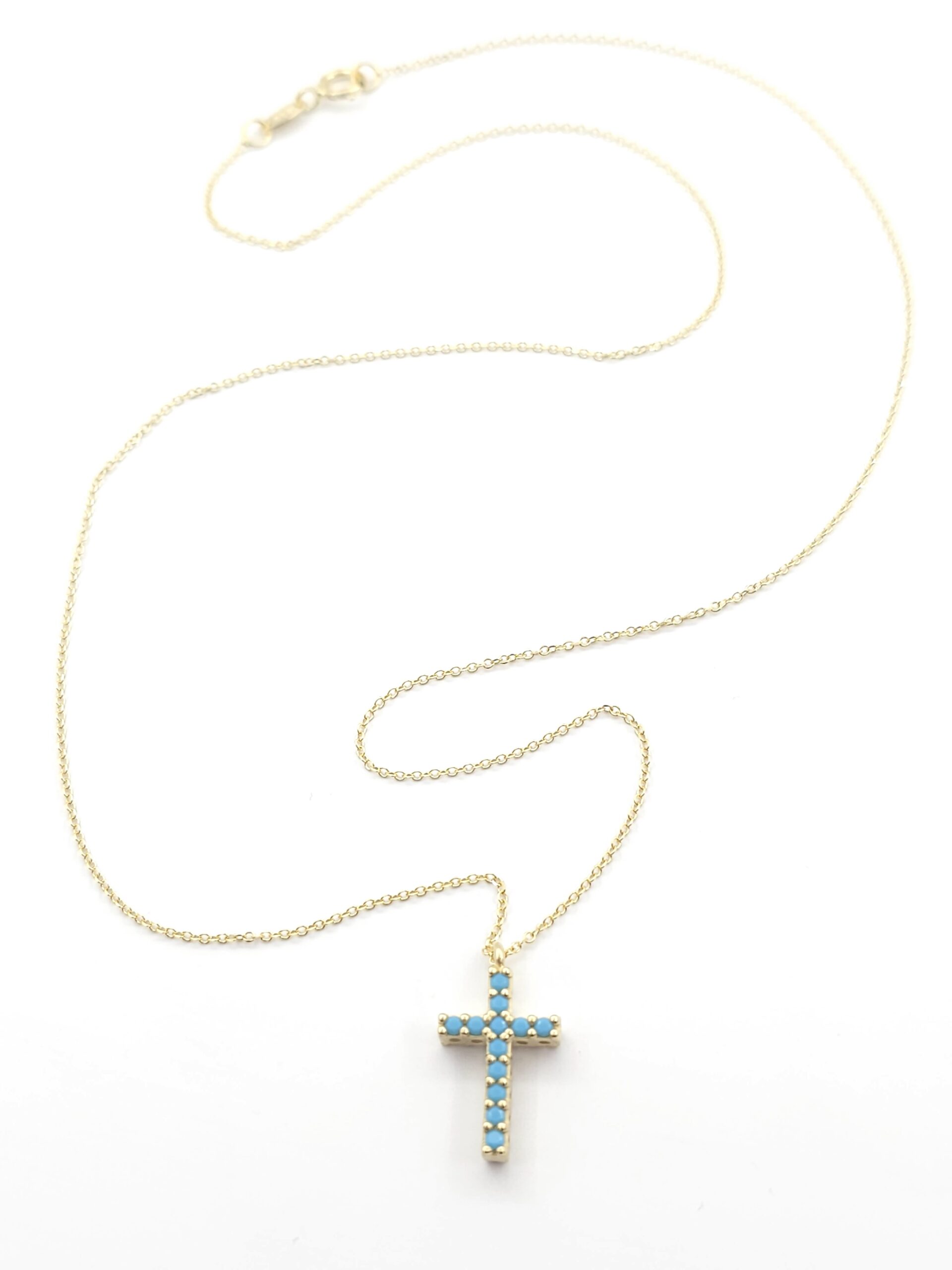 Χρυσό Γυναικείο Κολιέ Κ14, Με Σταυρό Διπλής Όψης, Με Τιρκουάζ Και Ζιργκόν κωδ.105687