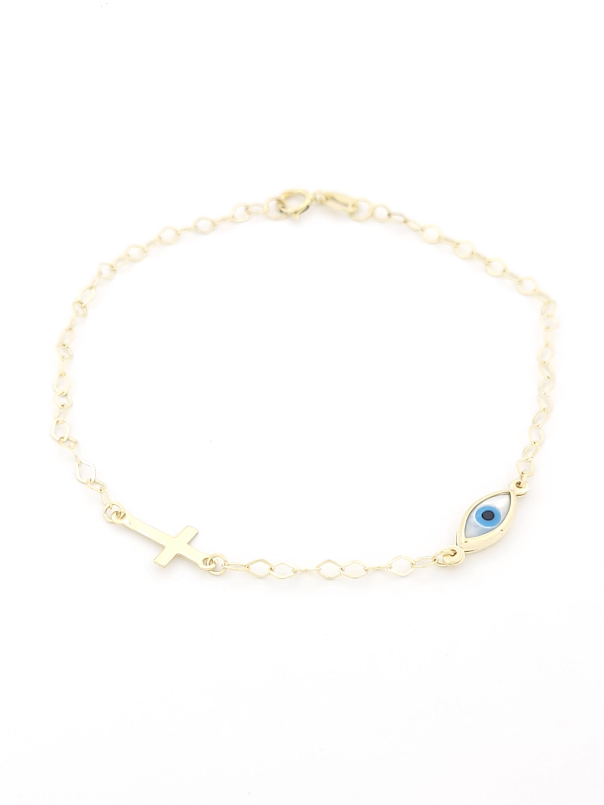 Χρυσό Παιδικό Βραχιόλι Κ9 Της Filva, Με Σταυρουδάκι Και Ματάκι κωδ.106472