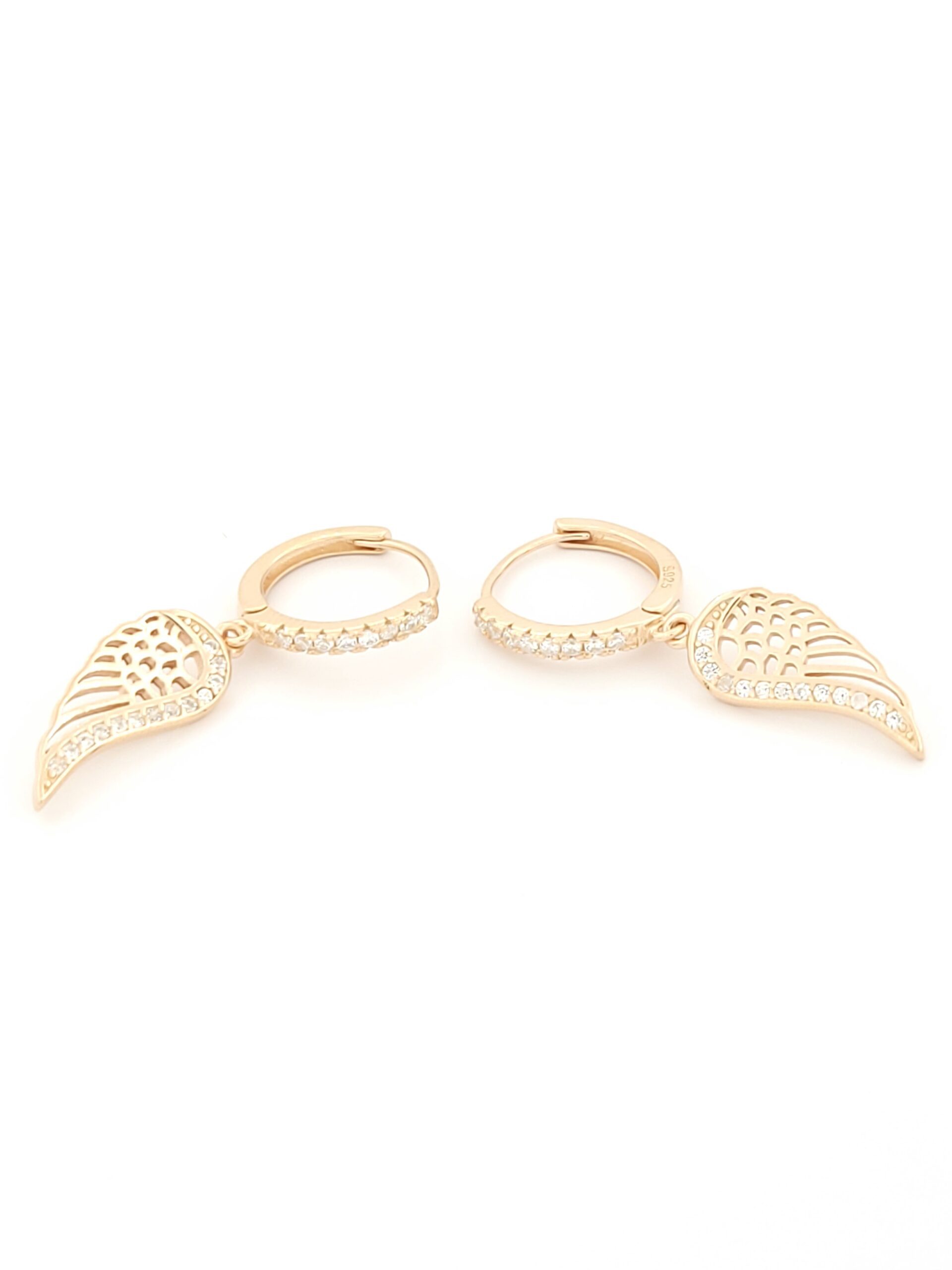 Ασημένια Ροζ Gold Γυναικεία Σκουλαρίκια Κρίκοι, Με Φτερά Με Ζιργκόν κωδ.106592